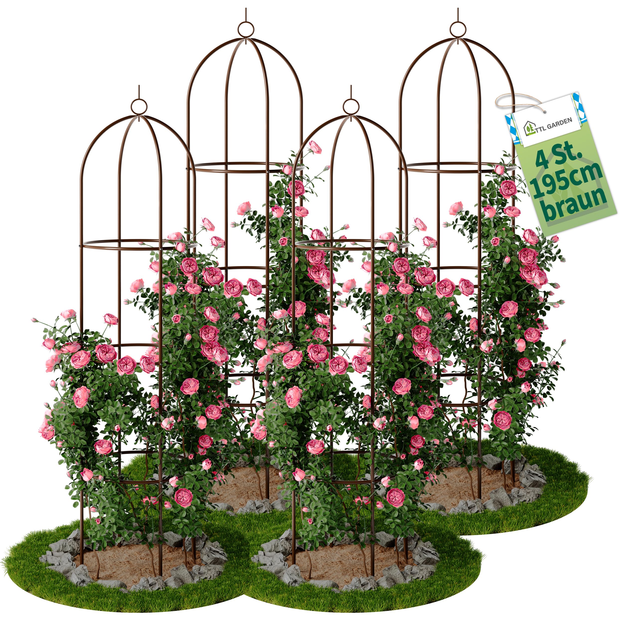 TTL Garden Obélisk Lot de 4 tuteurs XL 195 x 40 cm marron – Roses treillis en métal inoxydable pour plantes grimpantes, roses, clématites, en acier revêtu par pulvérisation, 195 cm de haut, 40 cm de
