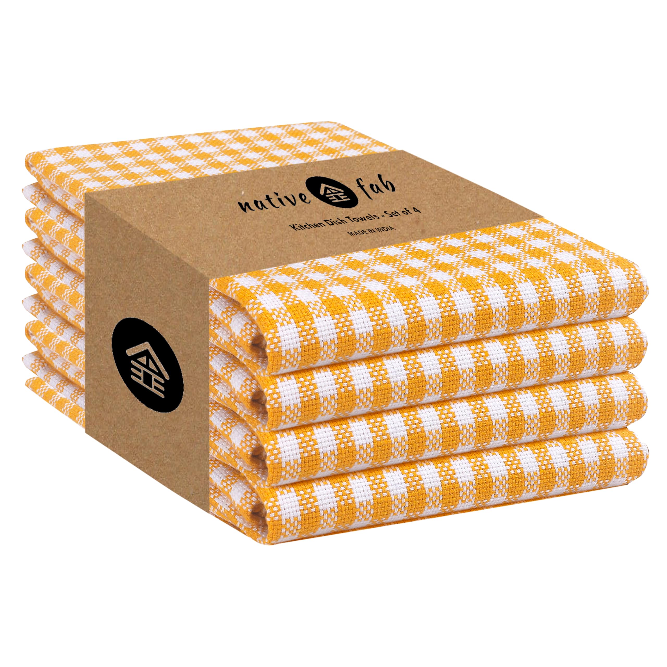 Native Fab 4 Pack Yellow Gingham Cotton Dish Towels 16"x26" - Absorbent Kitchen Linen Towels with Hanging Loop, Dishcloths Set for Drying Dishes,