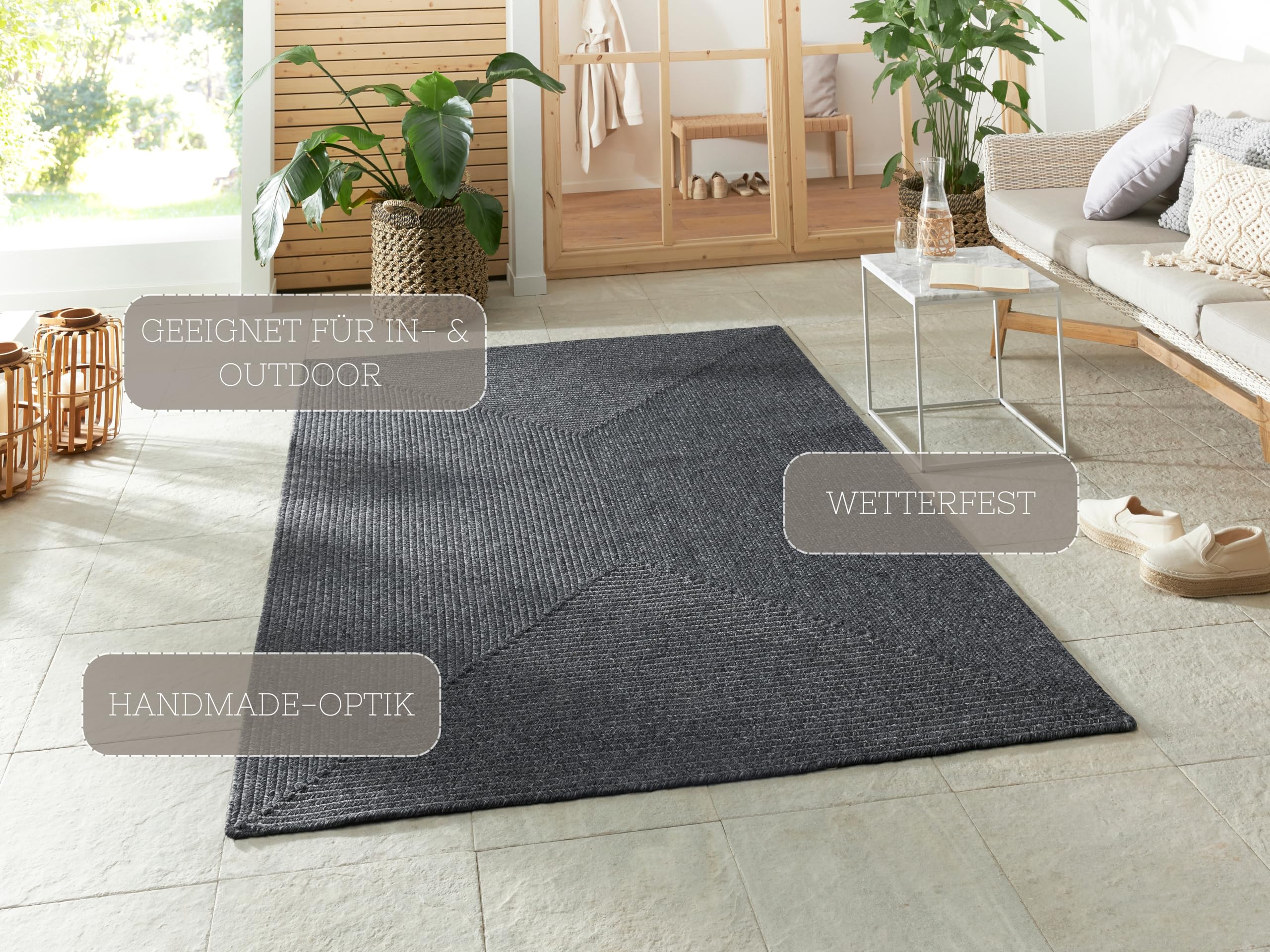 Northrugs Trenzado In- & Outdoor Teppich Wetterfest – Pflegeleicht Handmade-Look für Innen und Außen Gewebter Outdoorteppich Läufer für Balkon, Terrasse, Wohnzimmer, Garten – Dunkelgrau, 120x170