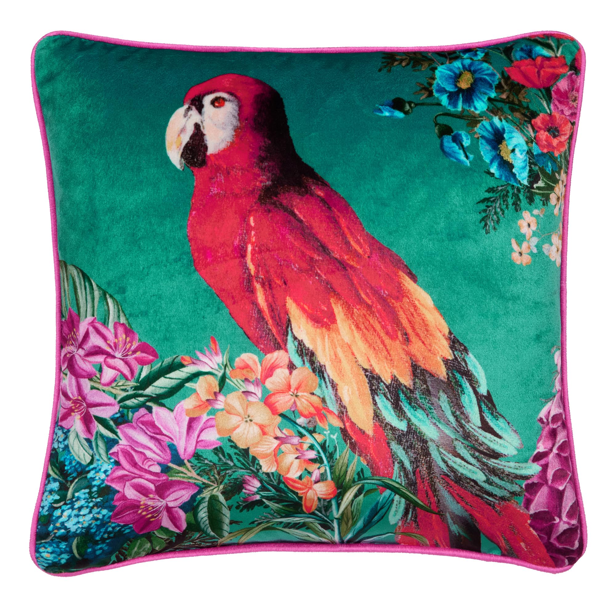 Laurence Llewelyn-Bowen Teal 'Polly Amorous' Parrot & Floral Print Soft Touch Velvet Filled Cushion In | : 43Cm X 43Cm