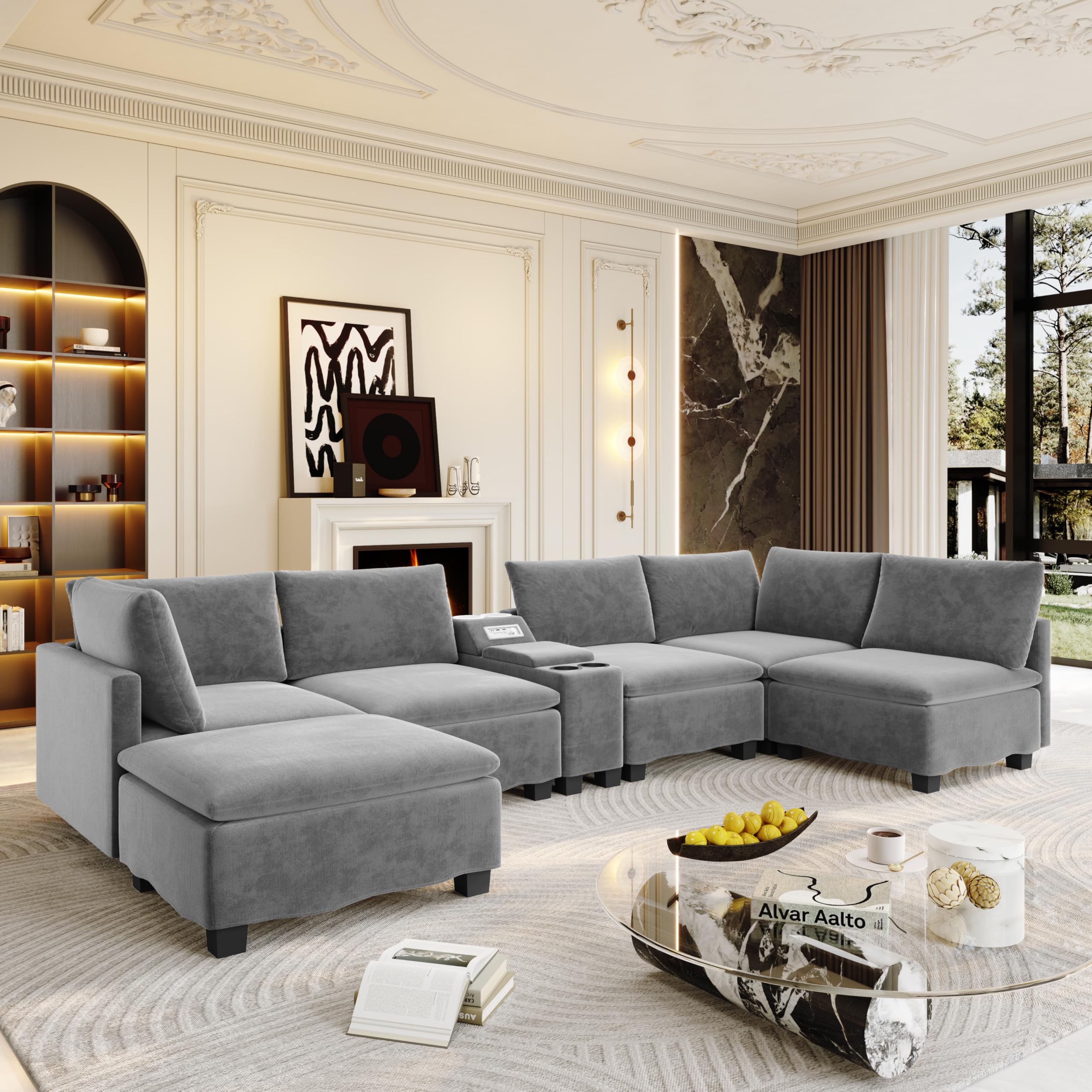 KEIKI 121" U-Shaped Oversized Chenille Modular Sectional Sofa with Multi Functional Console, Convertible 5-Seater Couch Bed with 1 Ottomans & USB &