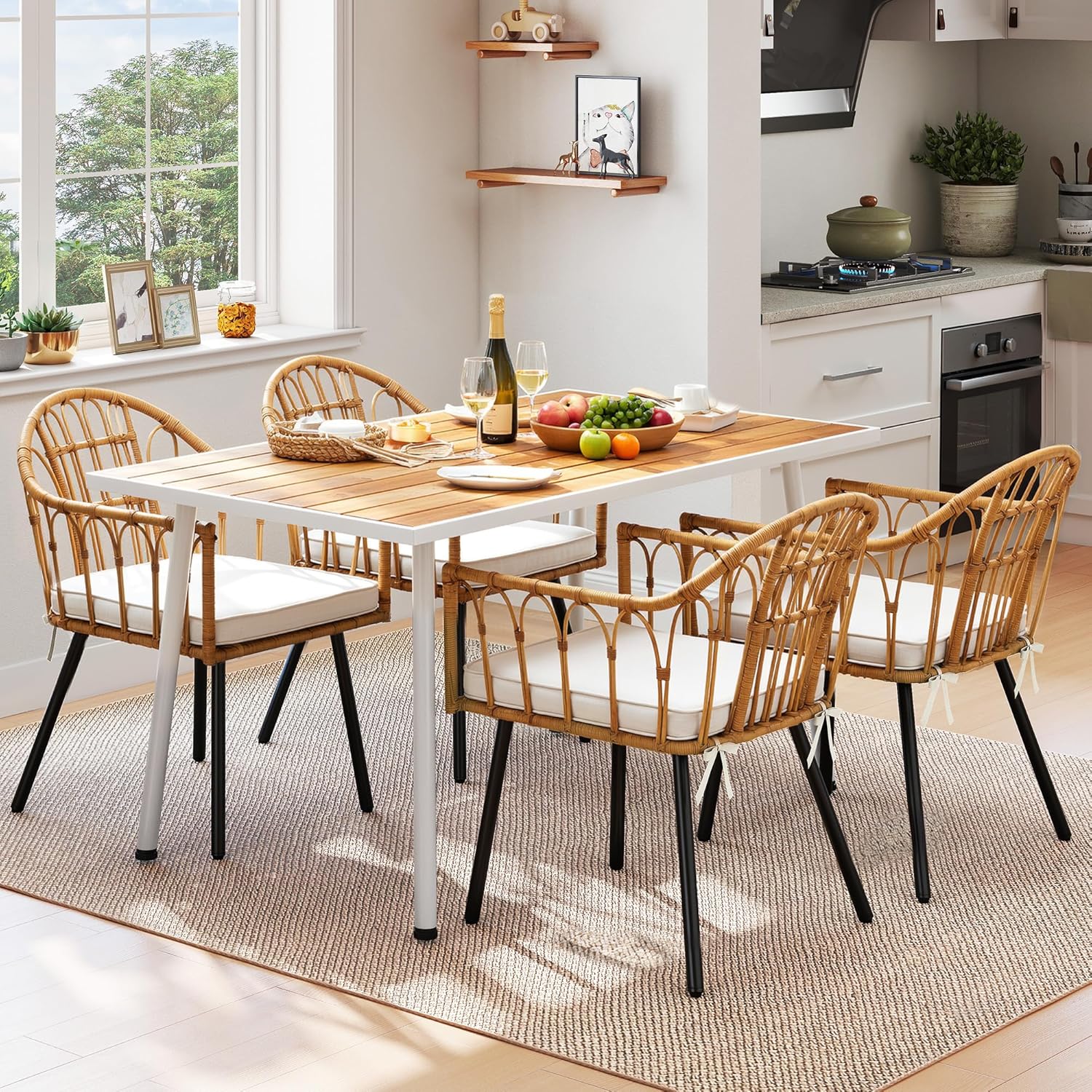 DWVO Outdoor Patio Dining Table 59"x34.2" Rectangular Patio Table with Adjustable Feet Outdoor Table with Umbrella Hole All-Weather Patio Dining Table for 6 with Metal Frame for Outdoor/Indoor