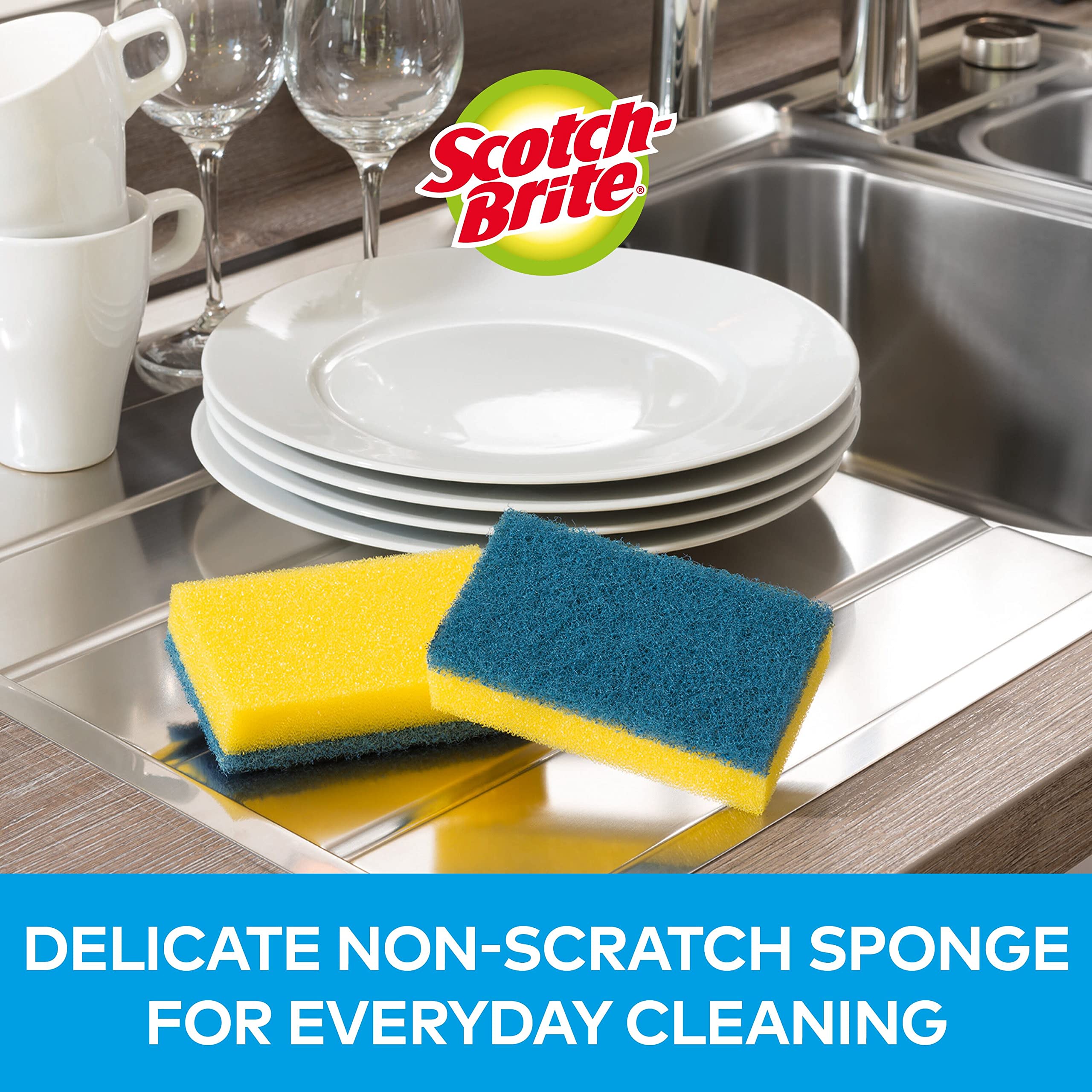 Scotch-Brite Delicate Non-Scratch Scrub Sponge, 12 Pieces, Ideal Everyday Washing up Sponge for Kitchen Bathroom - Image 2