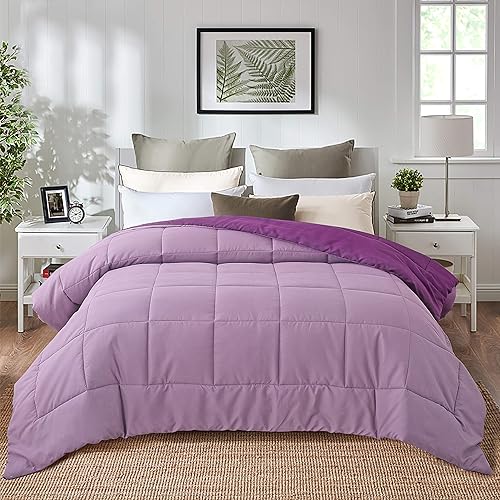 Miniatura 4 de EVOLIVE Edredón reversible alternativo de plumón de microfibra suave prelavada para todas las estaciones con costuras de caja (púrpuralavanda,