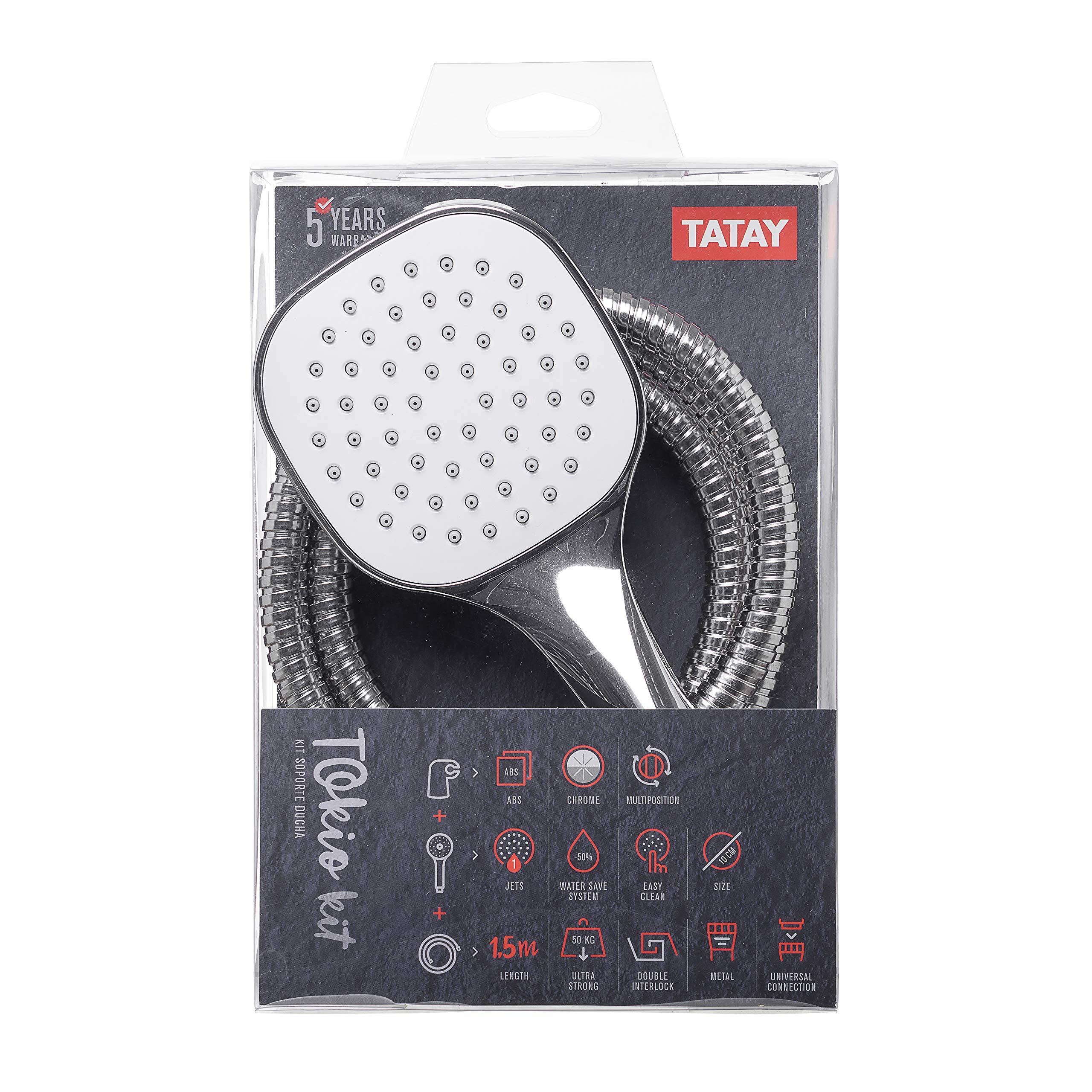 TATAY Shower set 1 function, includes multi-position holder and 1,5 m double-snap metal hose, Chrome, 10 x 4,3 x 24 cm - Image 3