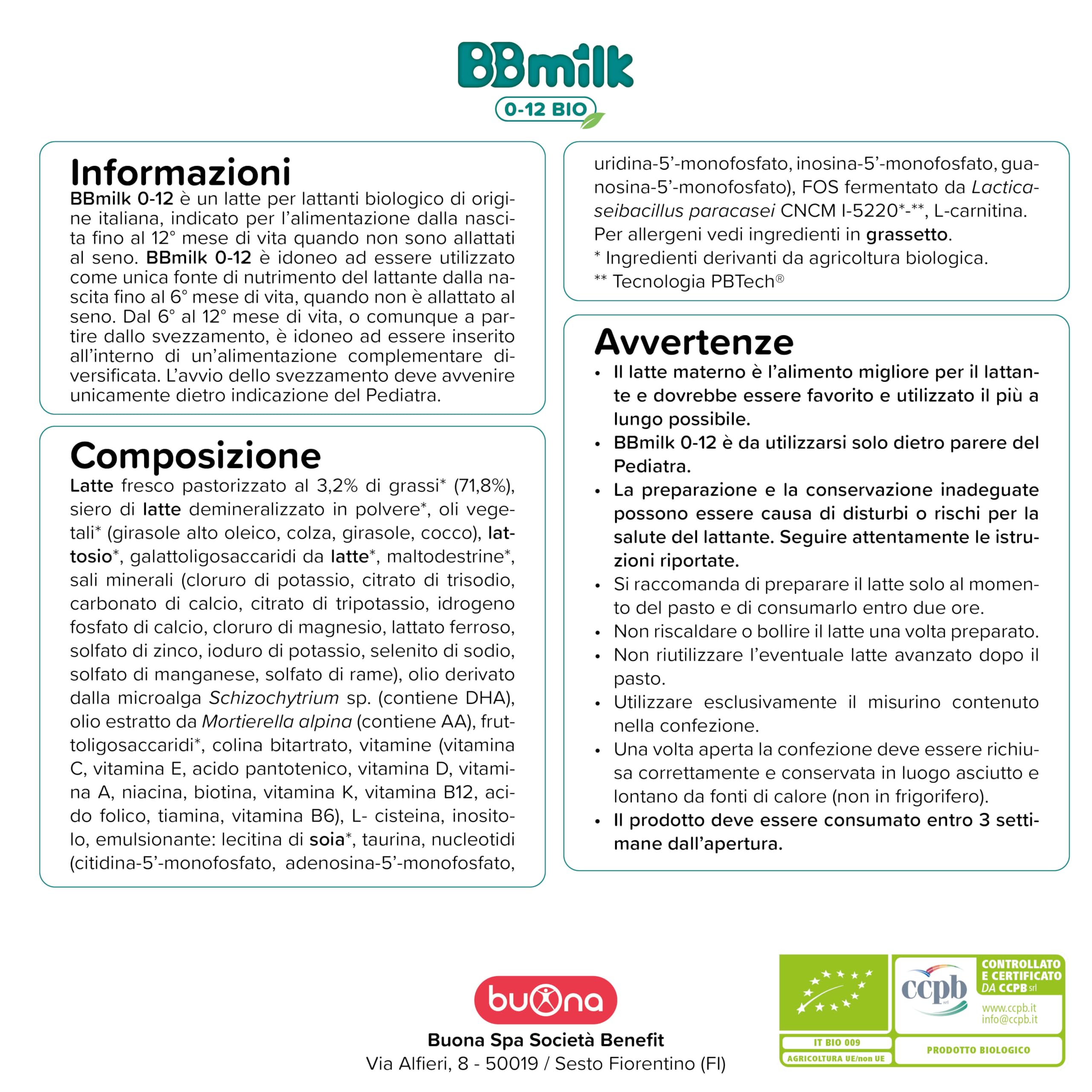 BBmilk Buona Latte in Polvere per Neonati BB Milk 0-12 Bio 2x400g, Indicato dalla Nascita fino ai 12 mesi, Qualora l’Allattamento non sia Possibile o Sufficiente, Formula Completa