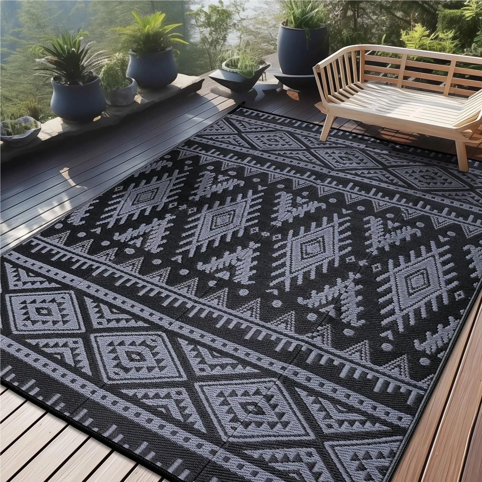 Dywan na zewnątrz, Dywaniki zewnętrzne na taras, kemping, piknik, balkon, do ogrodnictwa, kempingu(Black Grey,5X8inch(150x240cm))