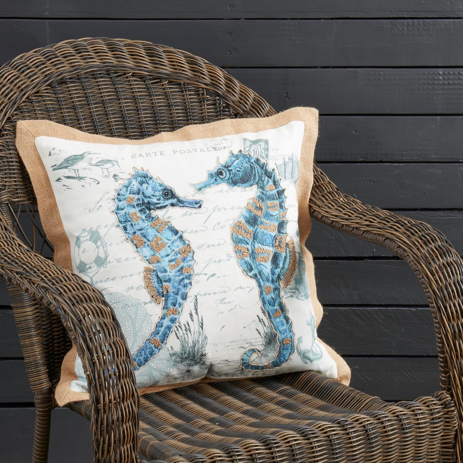 SARO LIFESTYLE Coastal Outdoor Sea Horse Poly Filled Pillow, 18"x18", Navy Blue