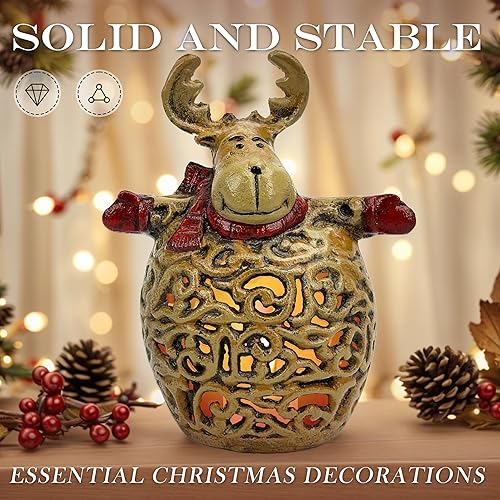 Vista 7 de Farol de Navidad de reno, linternas de aluminio fundido con velas de hierro hueco, decoraciones navideñas para chimenea (linterna de Navidad)