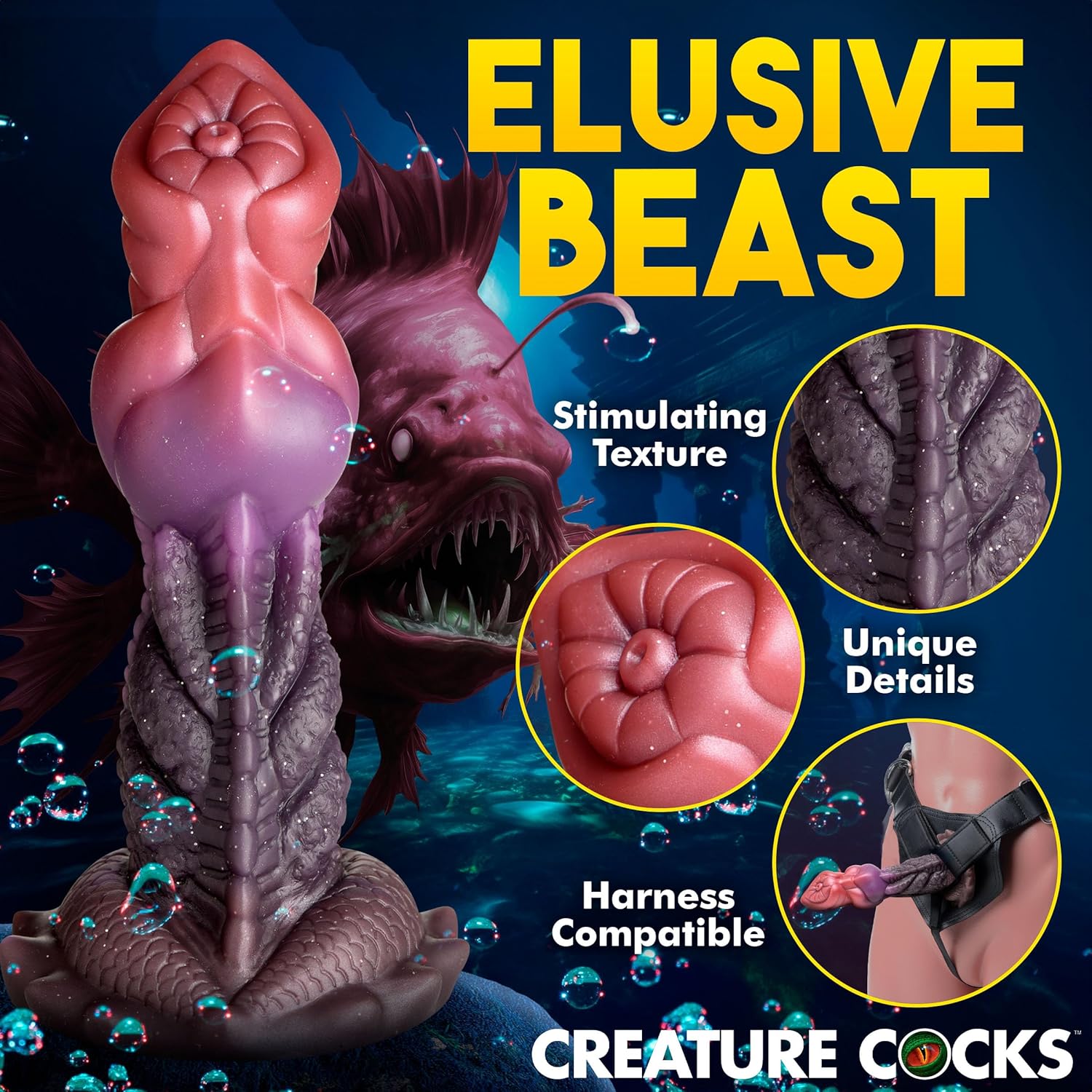 CREATURE COCKS Deep Diver Silicone Dildo for Men, Women, & Couples. Fantasy Dildo, Strong Suction Cup Base. Harness Compatible & Stimulating Textures. 1 Piece, Purple.