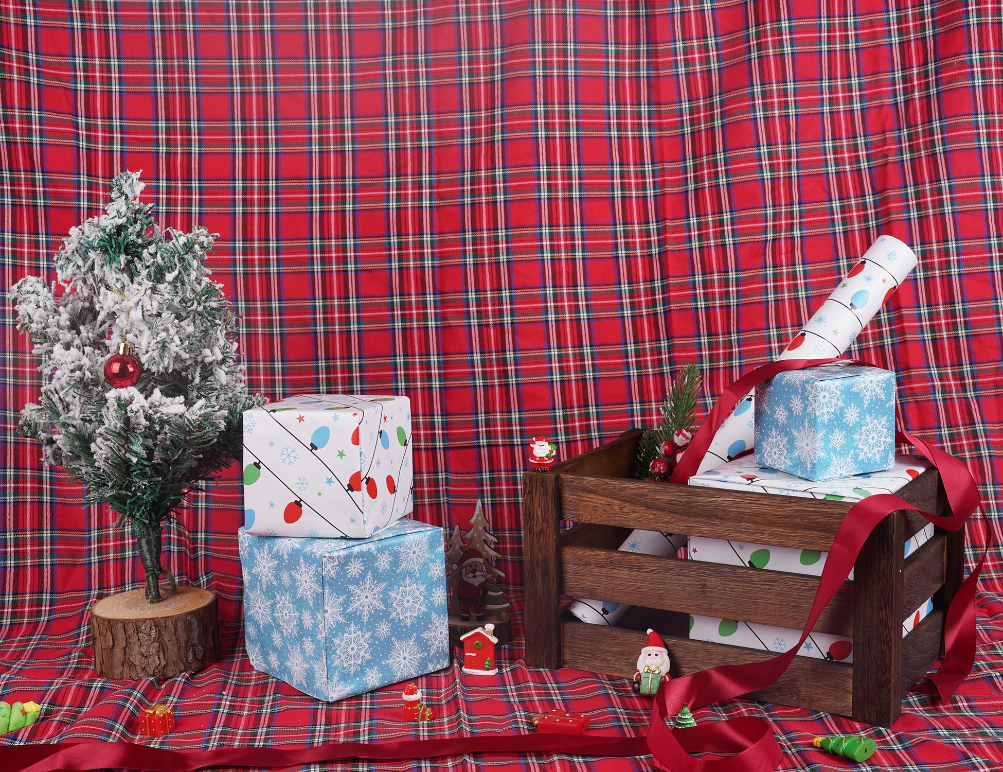 Linelglobal Mini rollo de papel de regalo de Navidad, rollo reversible de papel de regalo de dos lados, 17 x 295 pulgadas, iluminación y copos de nieve