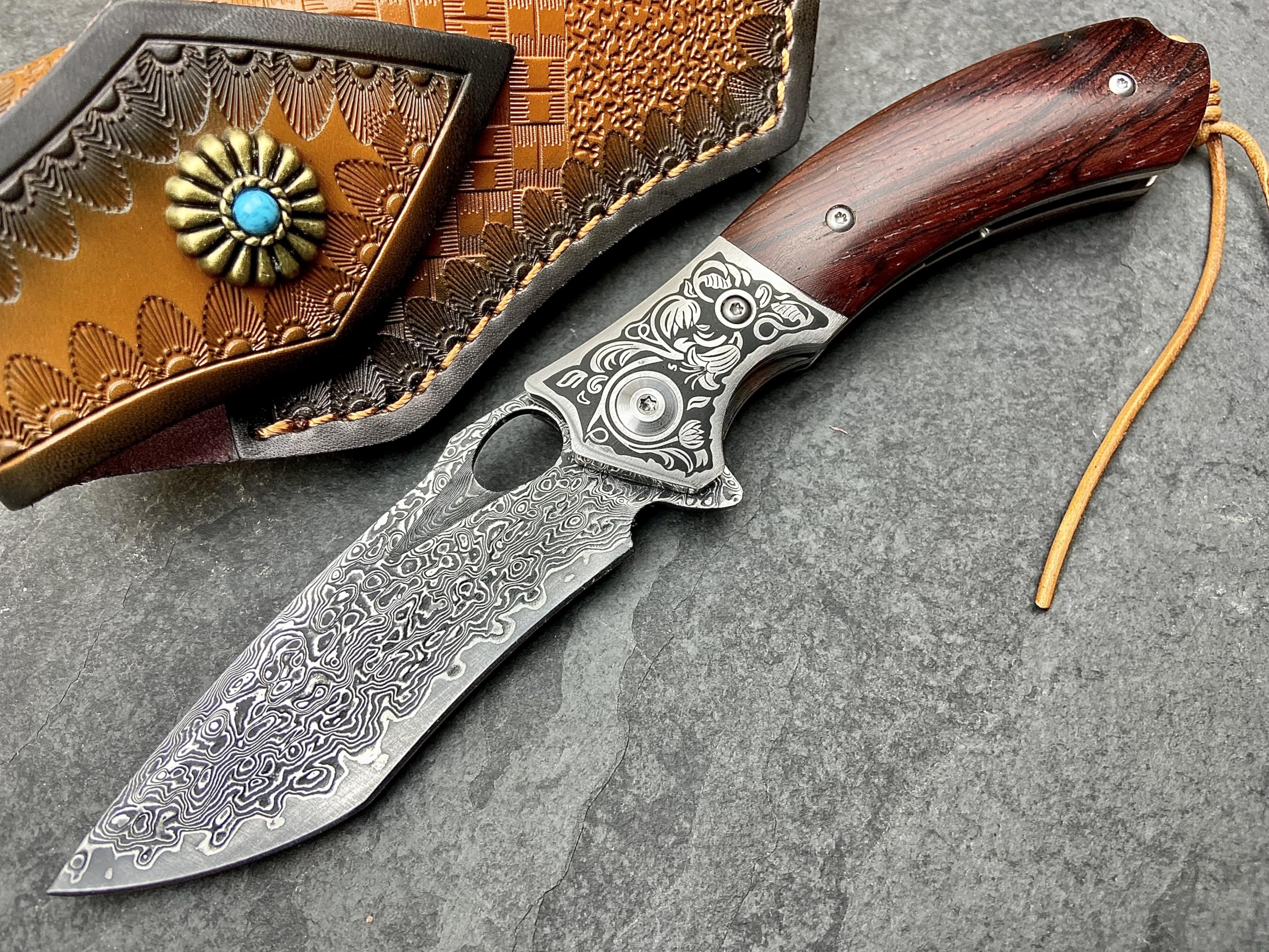 TACTICAL GEARZ Damascus Pocket Folding Knife, Natural Rosewood Handle, Damascus Steel Blade, Includes Custom Stitched Leather Sheath! (Reno XT)