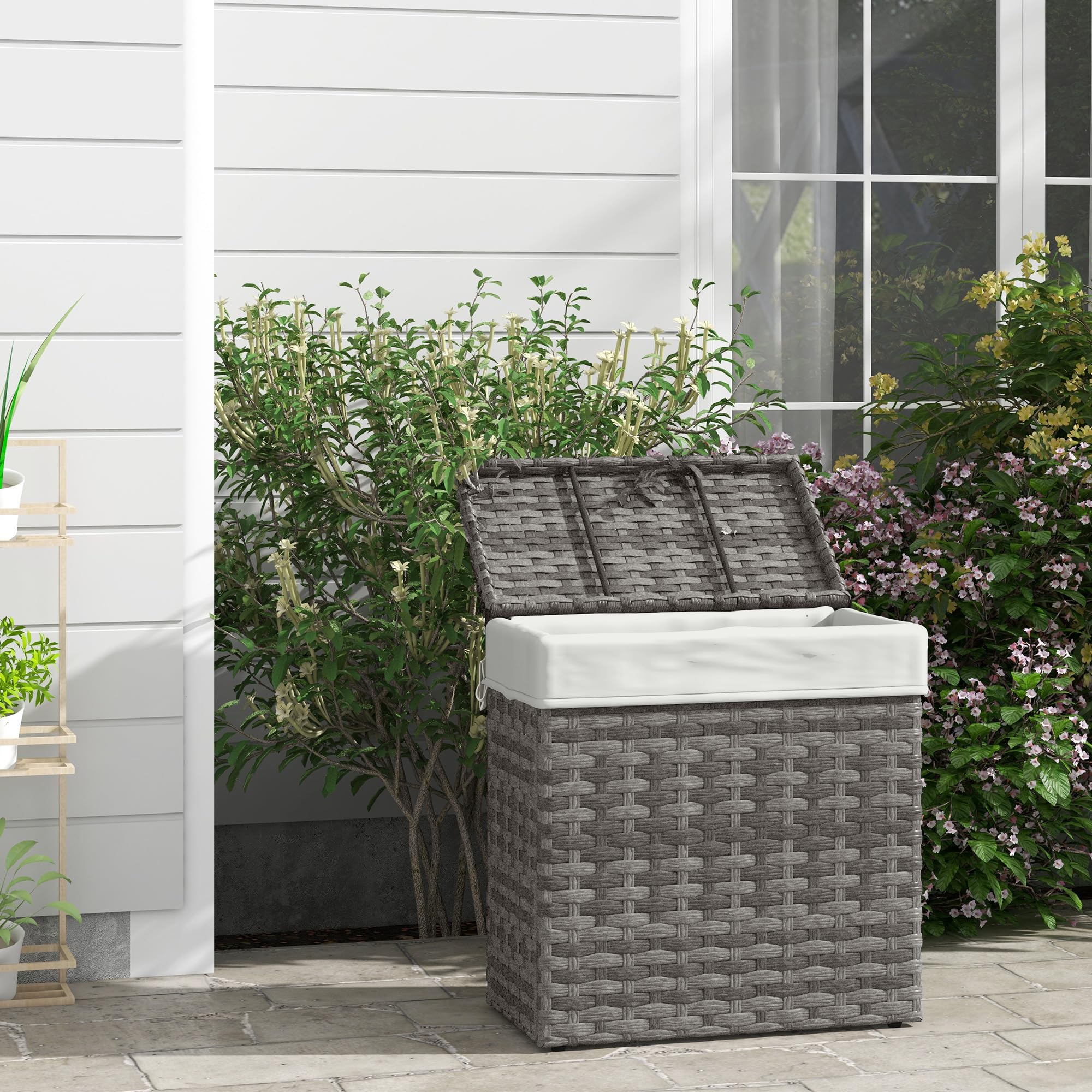 Outsunny Baule da Giardino in Rattan PE, Cassapanca da Esterno con Piedini Antiscivolo e Rivestimento Interno in Tessuto Impermeabile, 57x34x62cm, Grigio e Beige