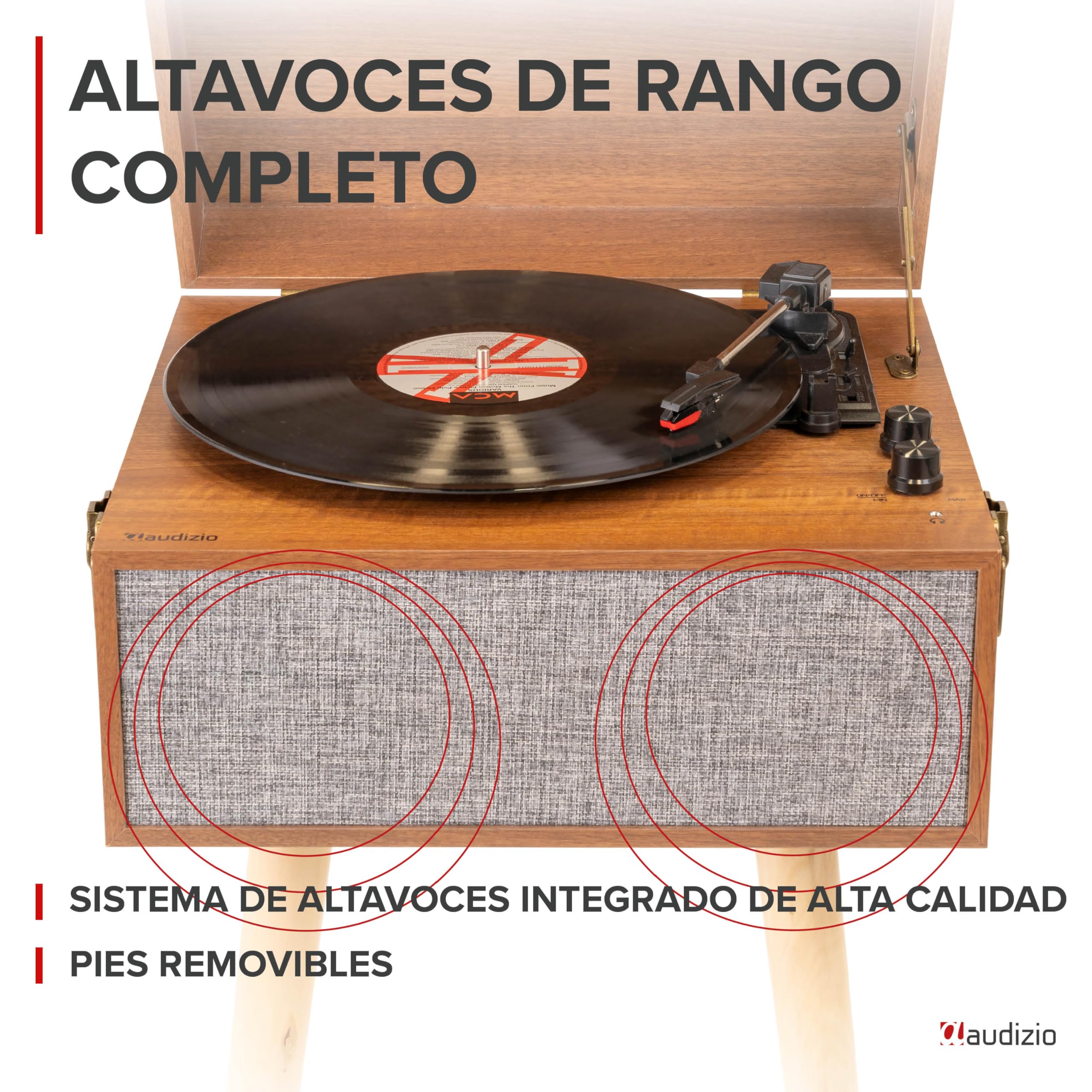 Audizio Fremont - Tocadiscos Retro con Patas de Madera, Bluetooth bidireccional, USB para digitalizar vinilos, Altavoces estéreo, RCA, 3 velocidades, Entrada AUX y Salida de Auriculares Color Madera