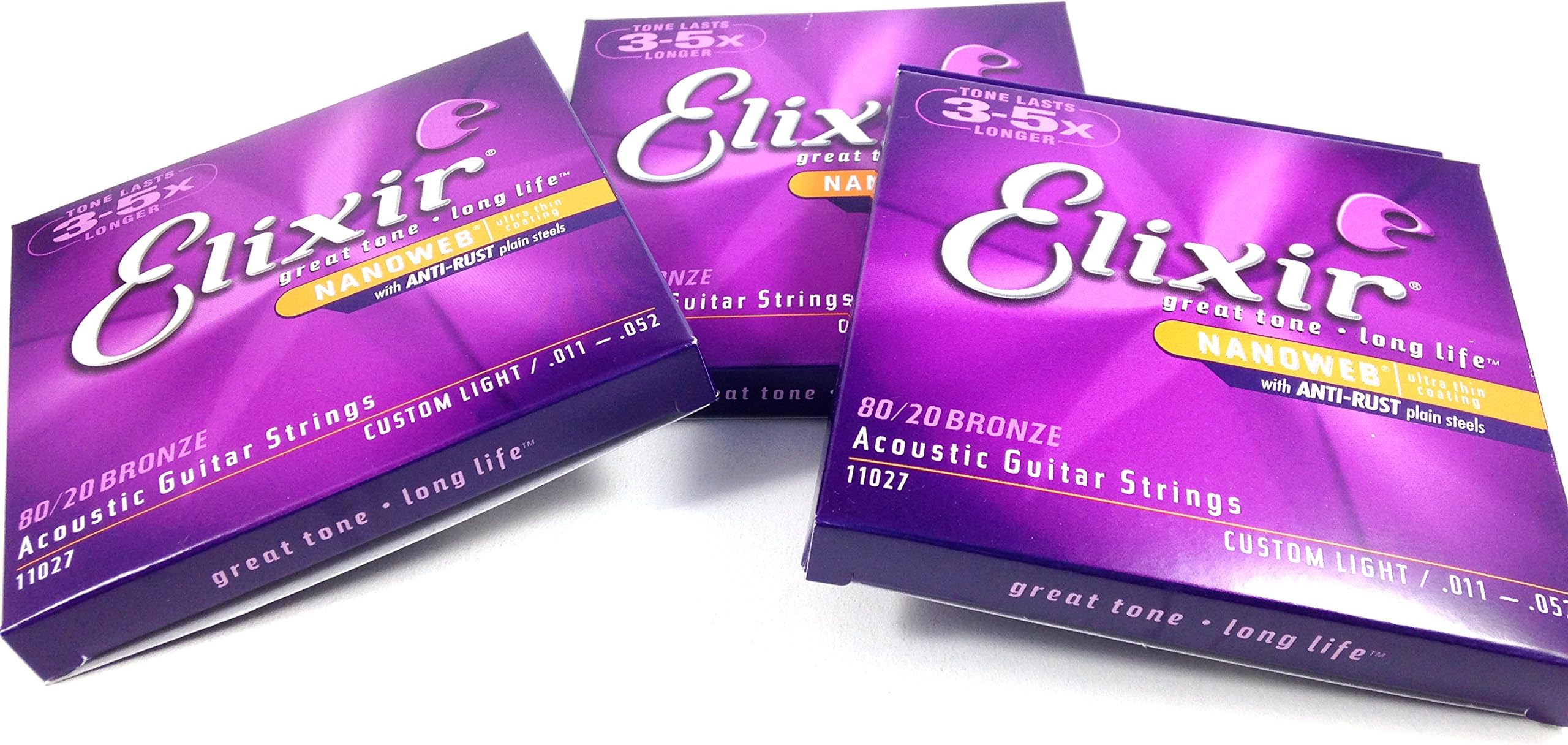 Elixir Guitar Strings 80/20 Bronze Nanoweb Custom Light 11-52 3 Pack