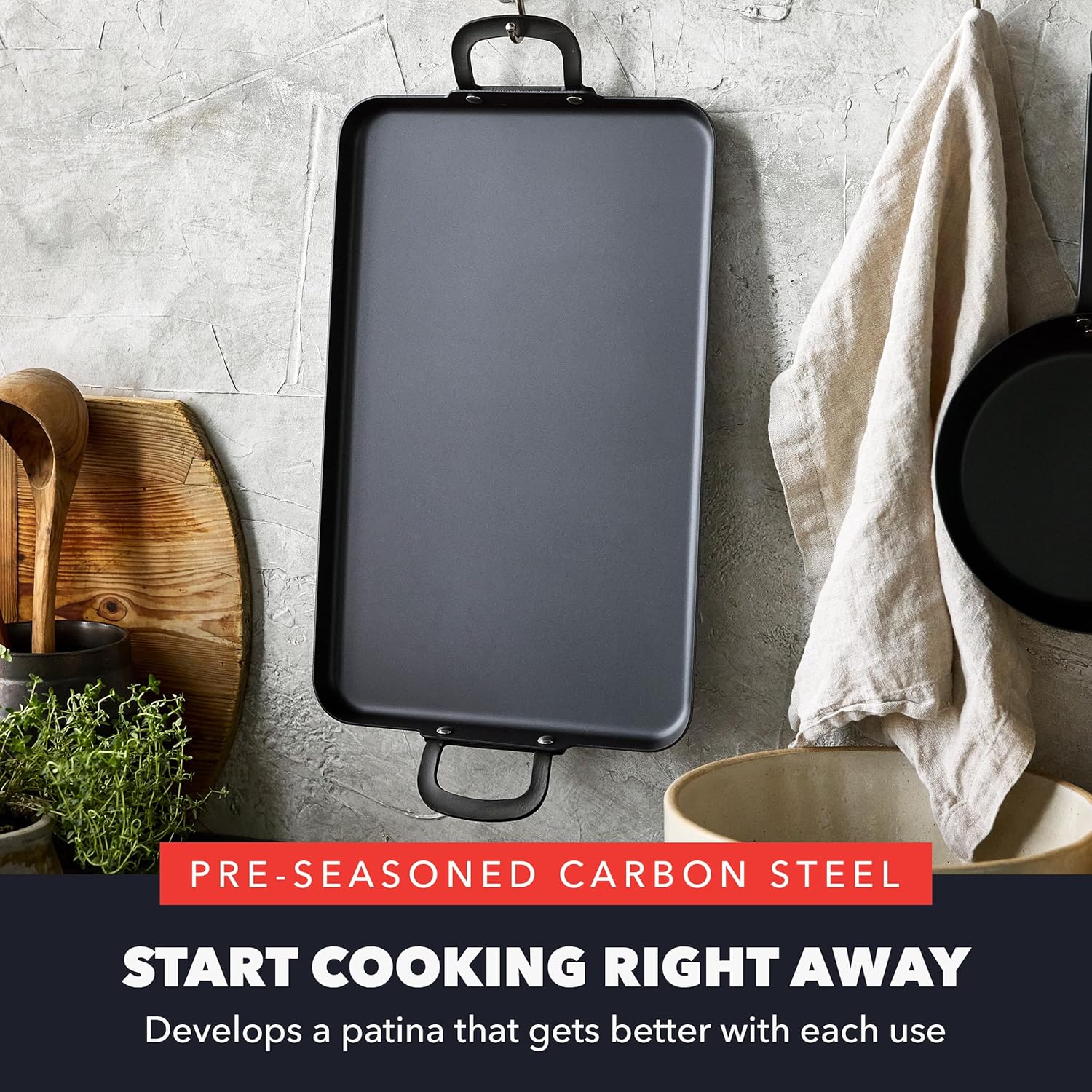 greenpan x bobby flay 18" x 11" carbon steel double burner pan, pre-seasoned ready to use, induction compatible, high heat & oven safe durable cookware, cast iron alternative black 18" x 11" double burner griddle