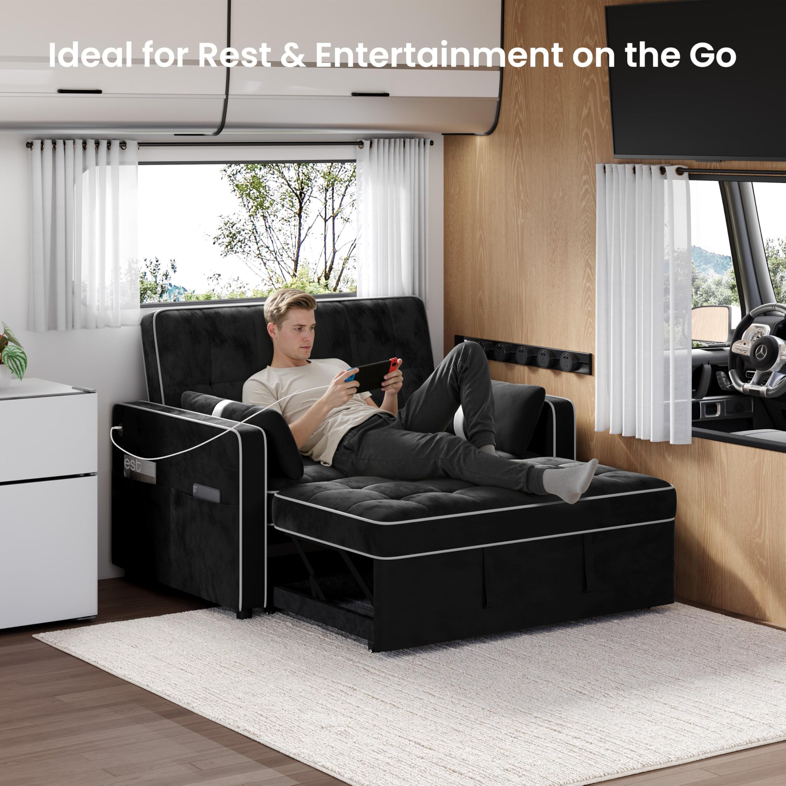 Yaheetech 3 in 1 Sofa Bed Convertible Sleeper Sofa with USB Ports, Black | Velvet Pull Out Couch Folding Loveseat Sleeper, Armrest Pillows, USB Ports, Side Pockets for Living Room Bedroom Apartment