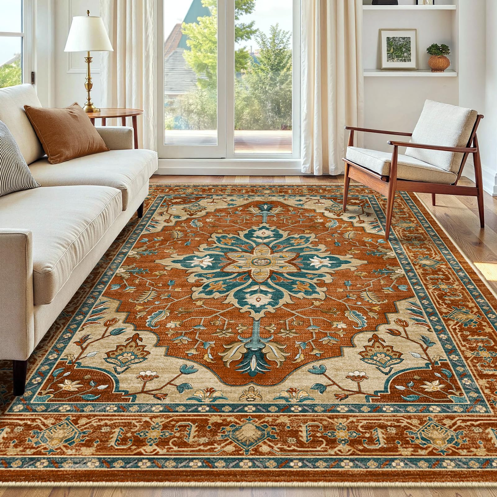 INOVADAY Machine Washable Rugs 150x210 cm Vintage Area Rug Low Pile Anti-Slip Carpet with Print Pattern for Living Room Bedroom Home Office Indoor Red/Orange/Blue/Brown โ image 1