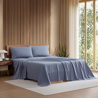 Lacoste 100% Cotton Percale 4-Piece Sheet Set, Vintage Indigo, Queen | Crisp Cool Breathable, All-Season Bedding, Oeko-Tex Certified, Soft Matte Finish, Durable Quality, Solid Color