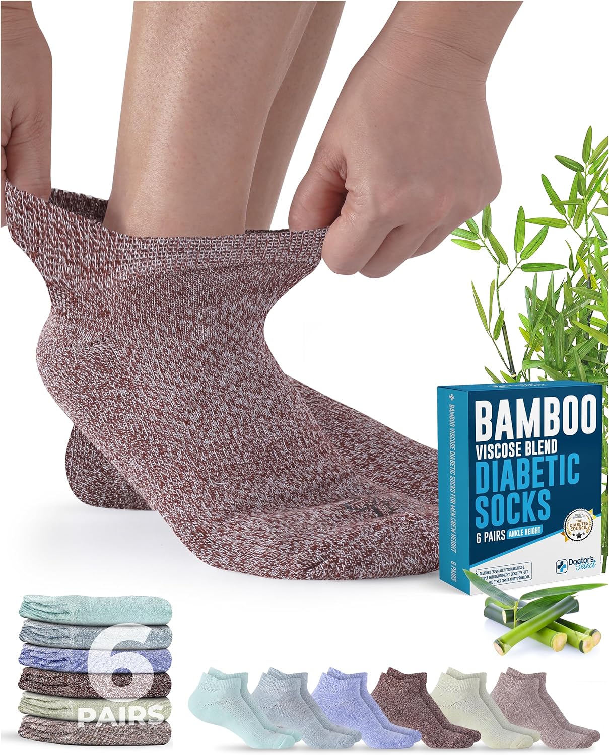 Doctor's Select Viscose Bamboo Ankle Diabetic Socks for Women and Men - 6 Pairs | Super Soft, Non Binding, Loose Wide Top