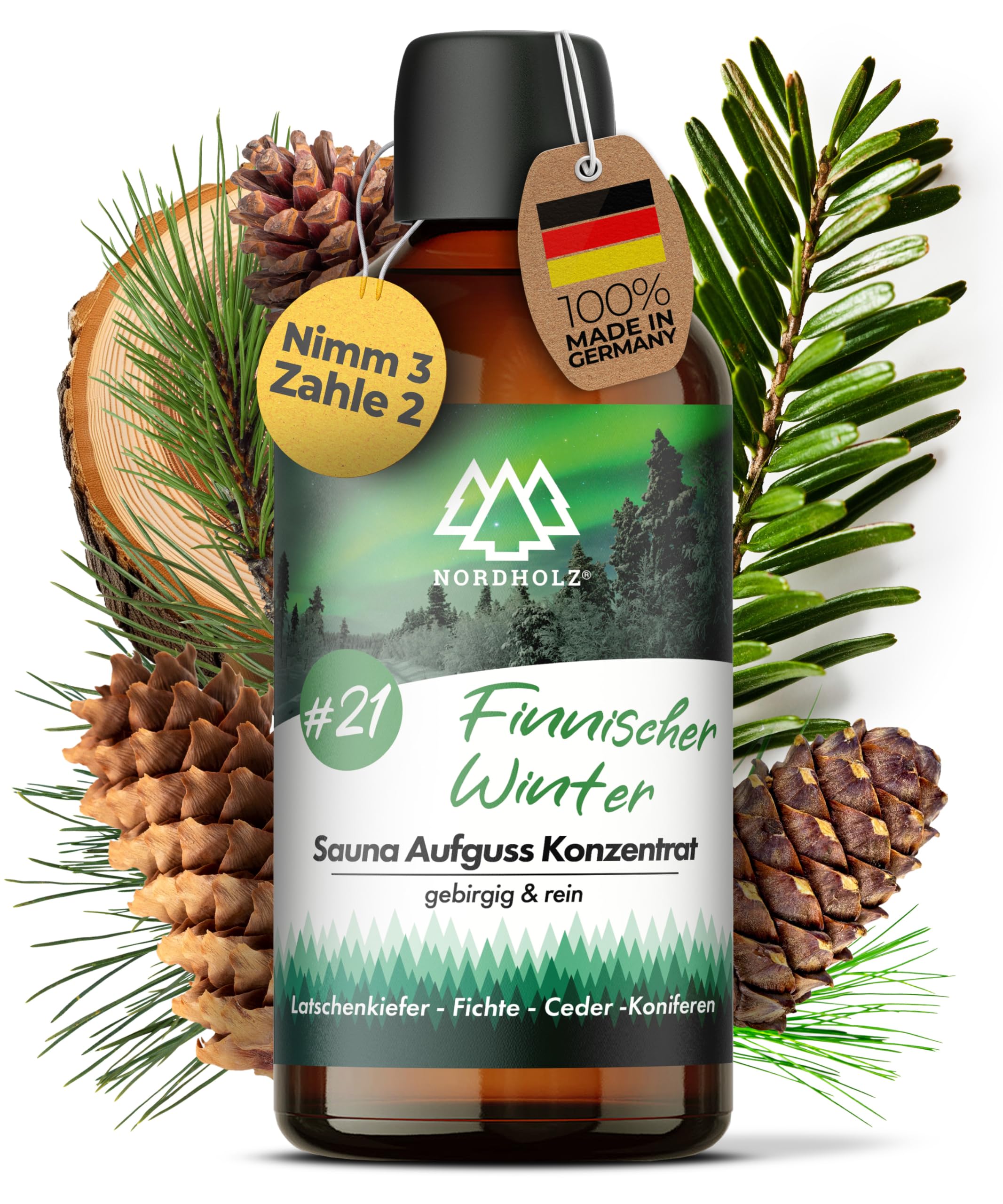 NORDHOLZ® Saunaaufguss [54 Sorten 15ml, 100ml, 250ml] - Sauna Aufgussmittel für intensive & erholsame - Sauna Zubehör (#21 Finnischer Winter, 100ml)