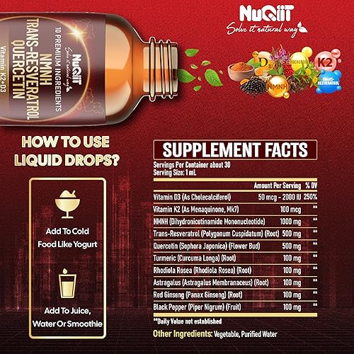 Miniatura 3 de Gotas líquidas NMNH 10 en 1 con NMNH 1000 mg, vitamina D3-K2, quercetina 500 mg, trans-resveratrol 500 mg y 5 hierbas más - Energía celular y