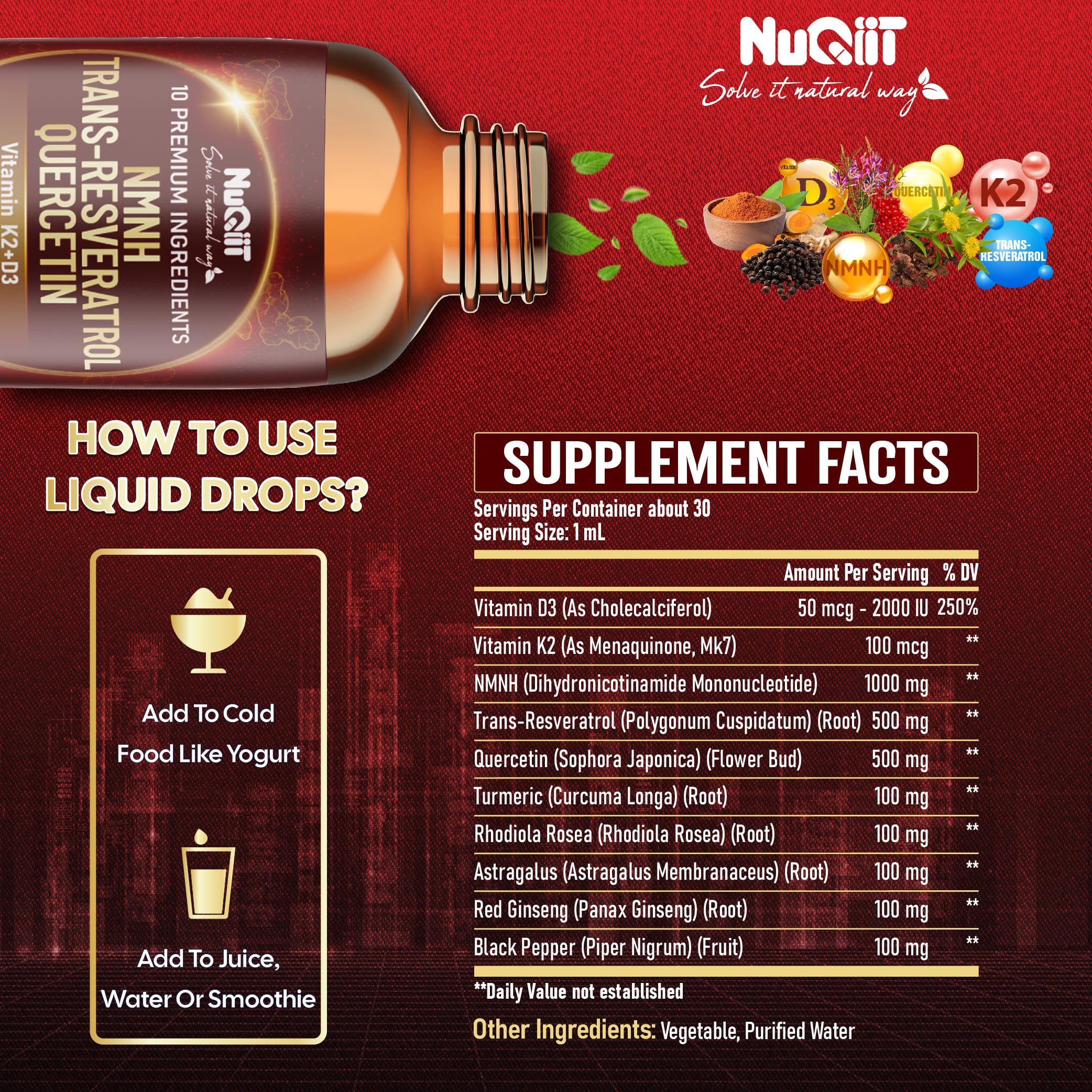 NUQIIT 10in1 NMNH Liquid Drops w/NMNH 1000mg, Vitamin D3-K2, Quercetin Suppement Trans-resveratrol and 5 More Herbals - Cellular Energy & Vitality, Healthy Aging - 1 FL Oz - 2 Month Supply — Amazon image 3