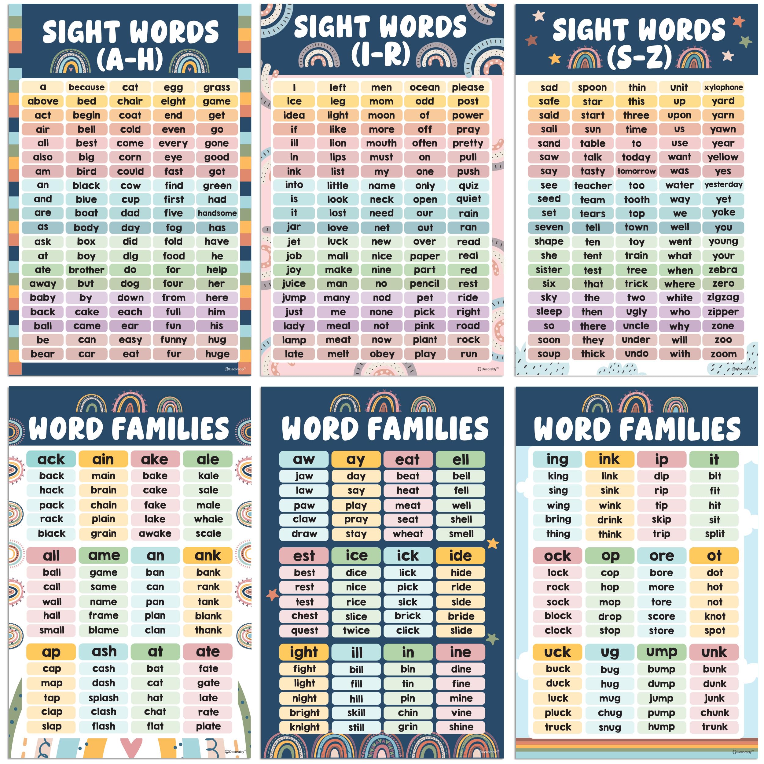 Decorably 6 Boho Rainbow Sight Words Poster Kindergarten,11x17in Matte-Laminated Educational Sight Word Chart for Wall Kindergarten