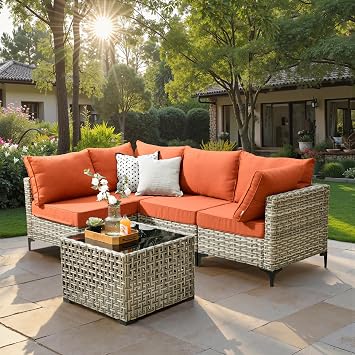 5 Piece Outdoor Patio Furniture with Glowing Coffee Table, Rattan Wicker Conversation Set with Sofa, Sectional Single Chairs for Outside Porch Balcony Backyard Pool,Orange