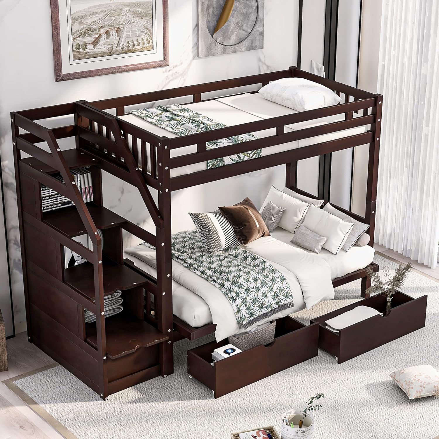 Futon Bunk Beds Frame, Twin Over Futon Bunk Beds with Stairs and Storage Drawers