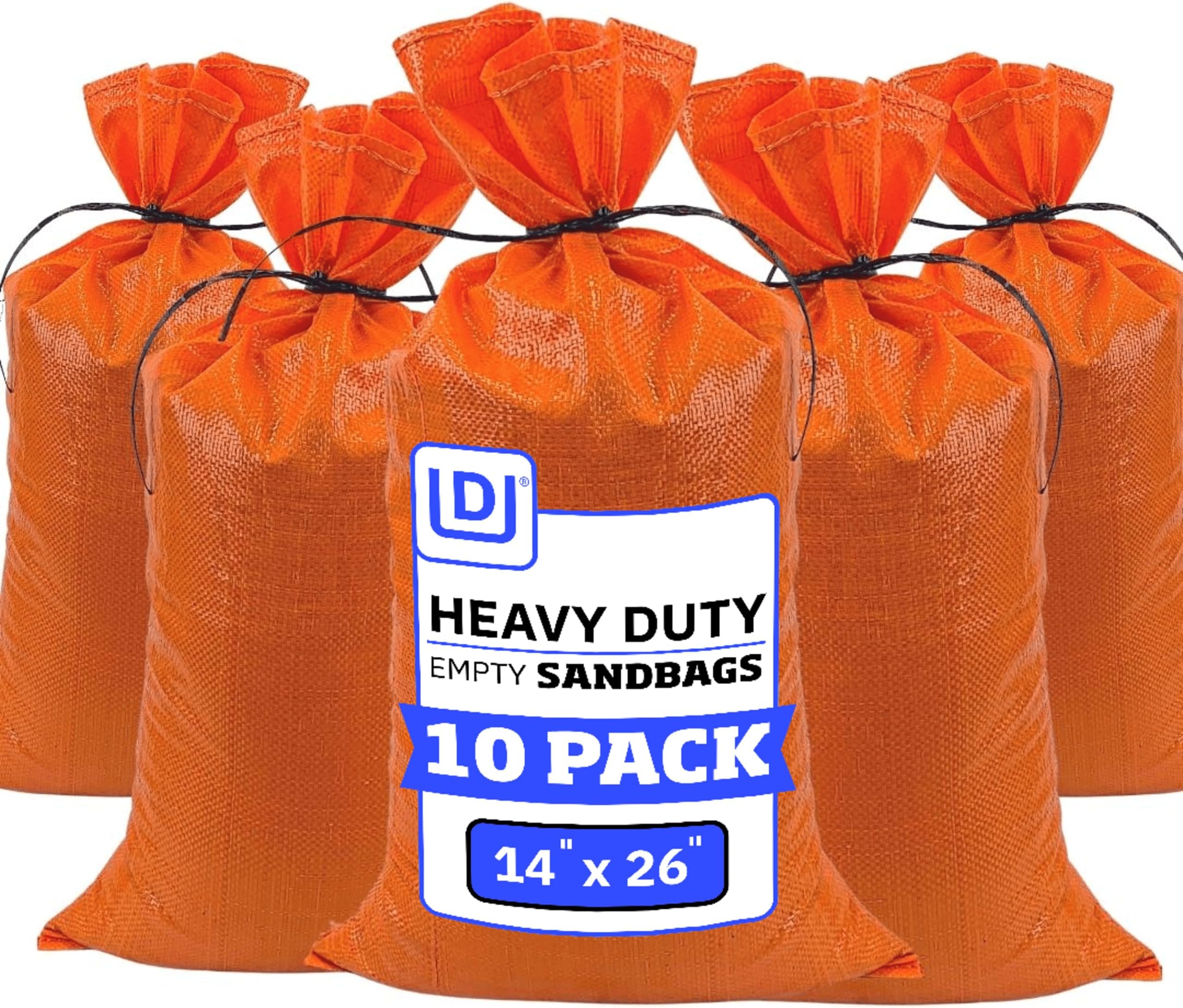 Heavy Duty Sand Bags with Tie Strings Empty Woven Polypropylene Sand-Bags for Flood Control with 1600 Hours of UV Protection, 50 lbs Capacity, 14x26 inches, Orange, Pack of 10