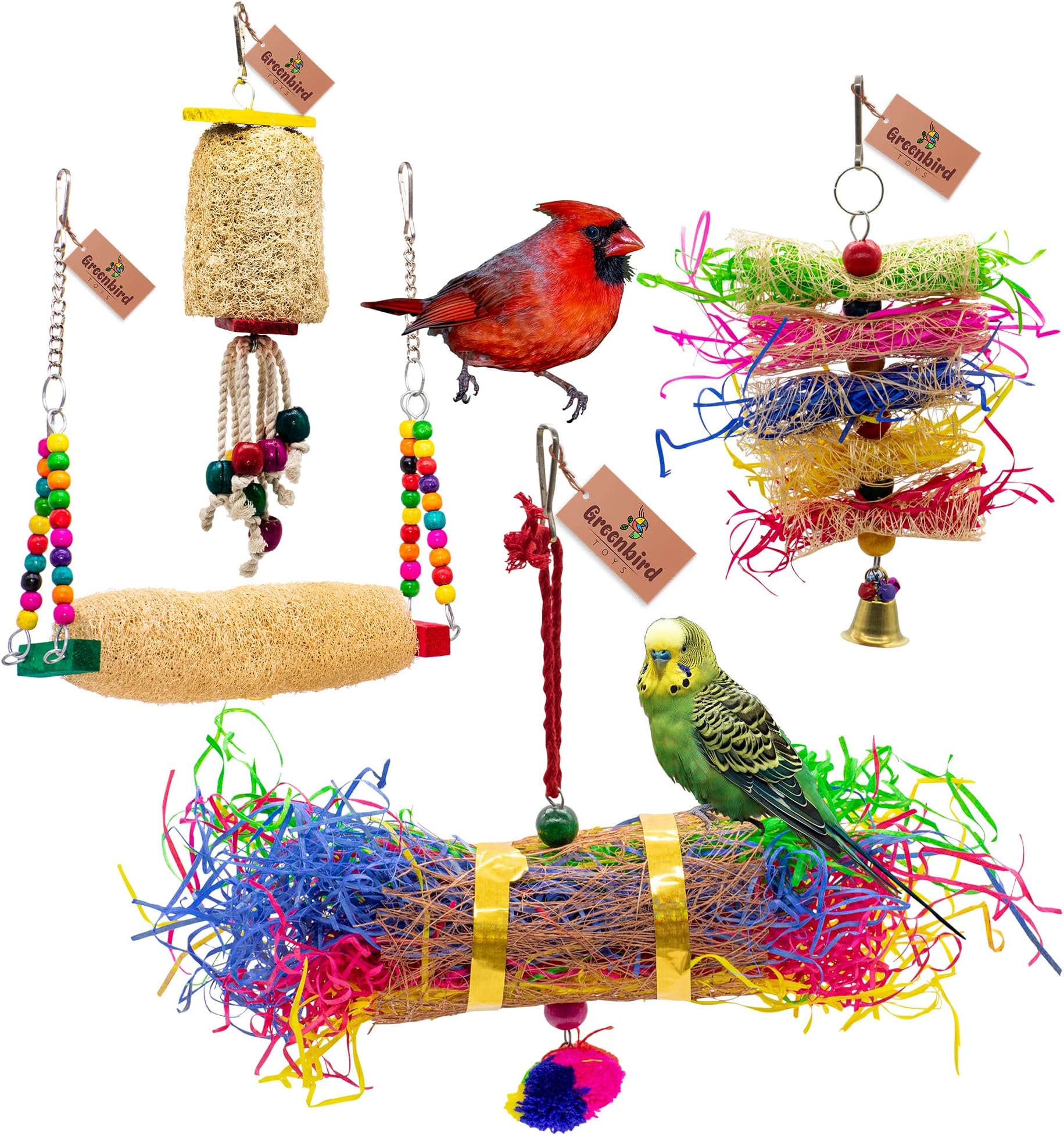 GREENBIRDS TOYS Pack Of 4 Pcs Include Paper Shredded Foraging Chew Toy, Mesh Swing, Cage Hangings Accessories Birds Toys Natural Wood Parrot Toys Cage Accessories Training Aid, Perch For Bird & Parrot
