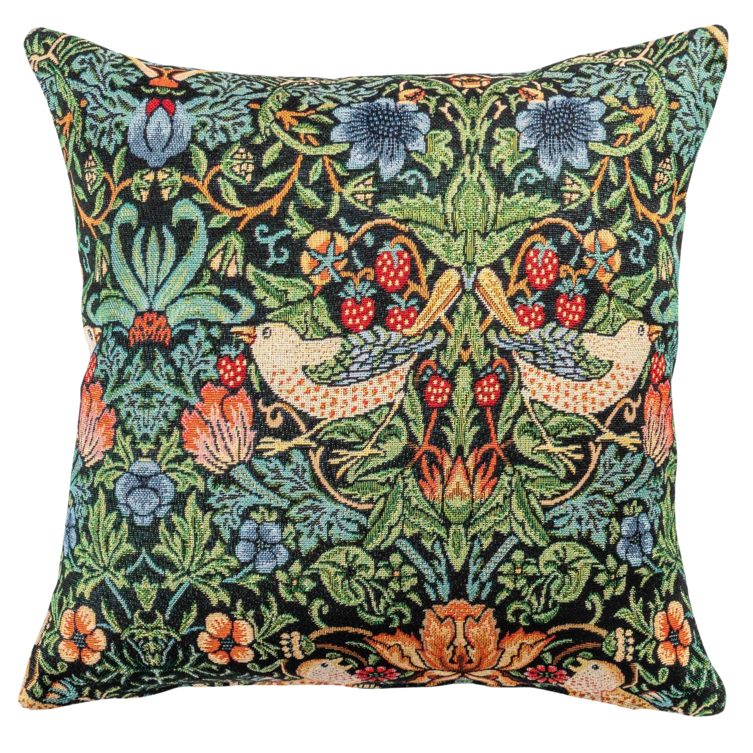 Linen Loft Coral William Morris Strawberry Thief Tapestry Cushion Cover In Black. Vintage Arts And Crafts Style With Birds, Berries And Leaves. 17X17 Square Cover Only