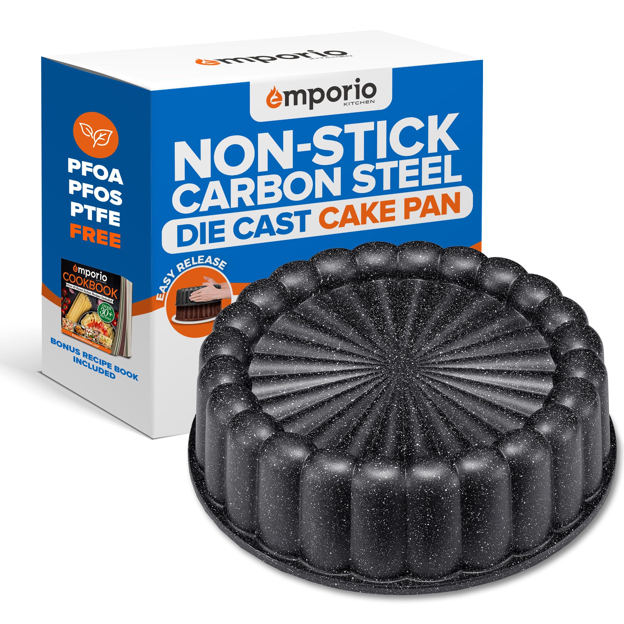Emporio Kitchen Moule à gâteau – Revêtement anti-adhésif en marbre gris à deux couches, moule à gâteau cannelé en aluminium moulé sous pression, passe au four (jusqu'à 232,2 °C), sans PFOA, PFOS et