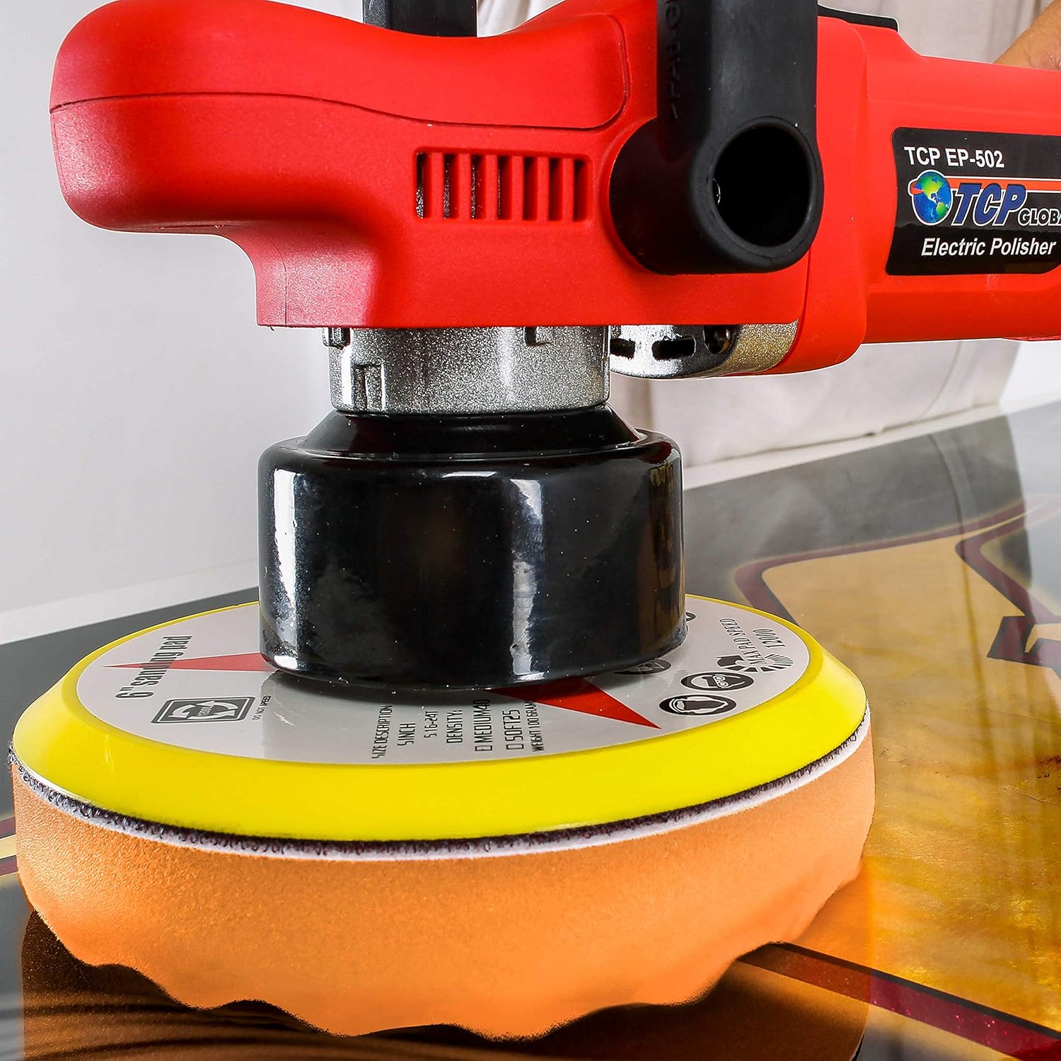 TCP Global 6.5" Orange Waffle Foam Buffing Pad Hook and Loop Backing - Medium Cut Pad for Polishing, Automotive, Marine, Truck, RV & Compound Cutting, Car Polishing Pads