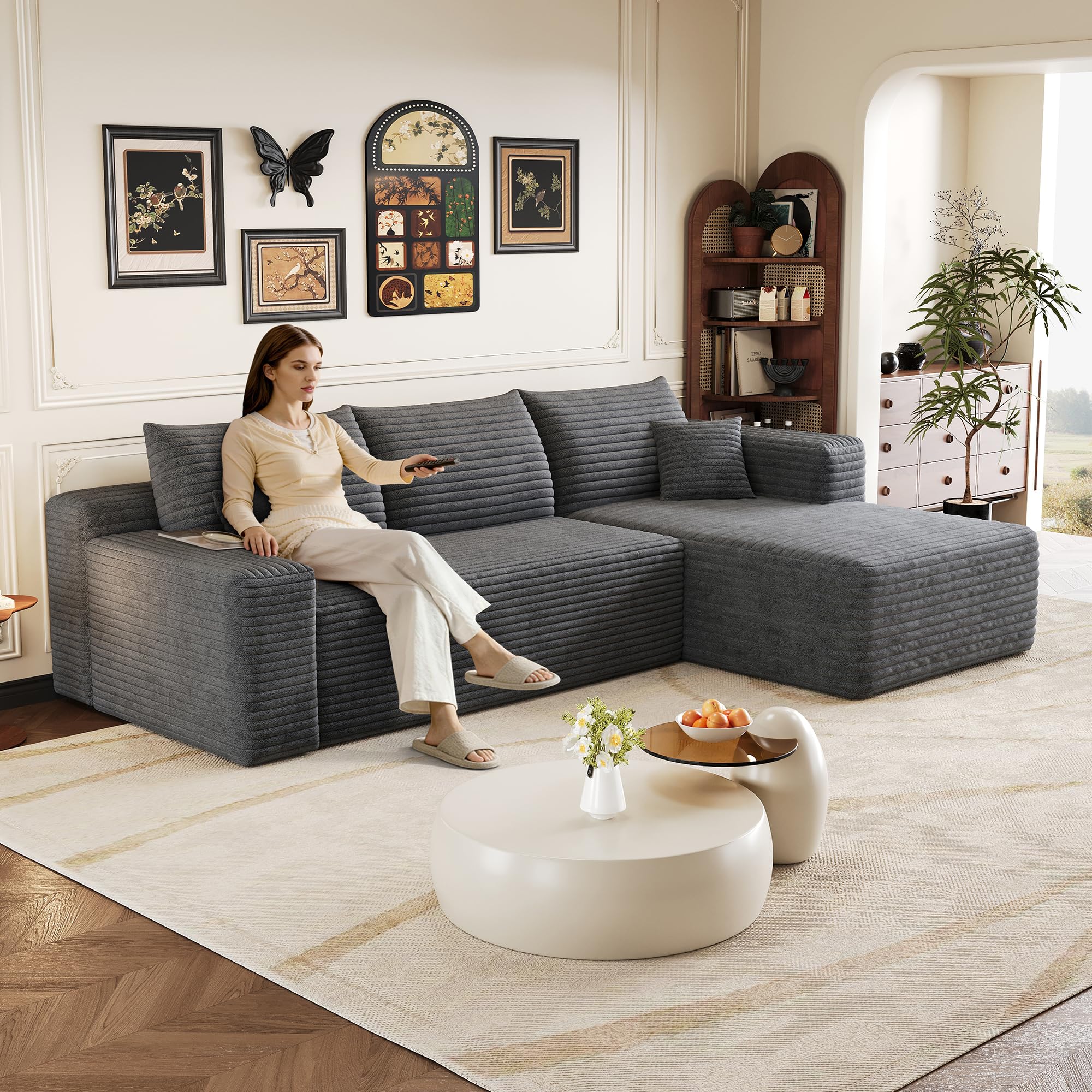 Sofá de esquina convertible, 239 cm, sofá comprimido con chaise longue en forma de L, sofá de esquina modular acolchado con asiento profundo para sala de estar (gris, ángulo derecho)
