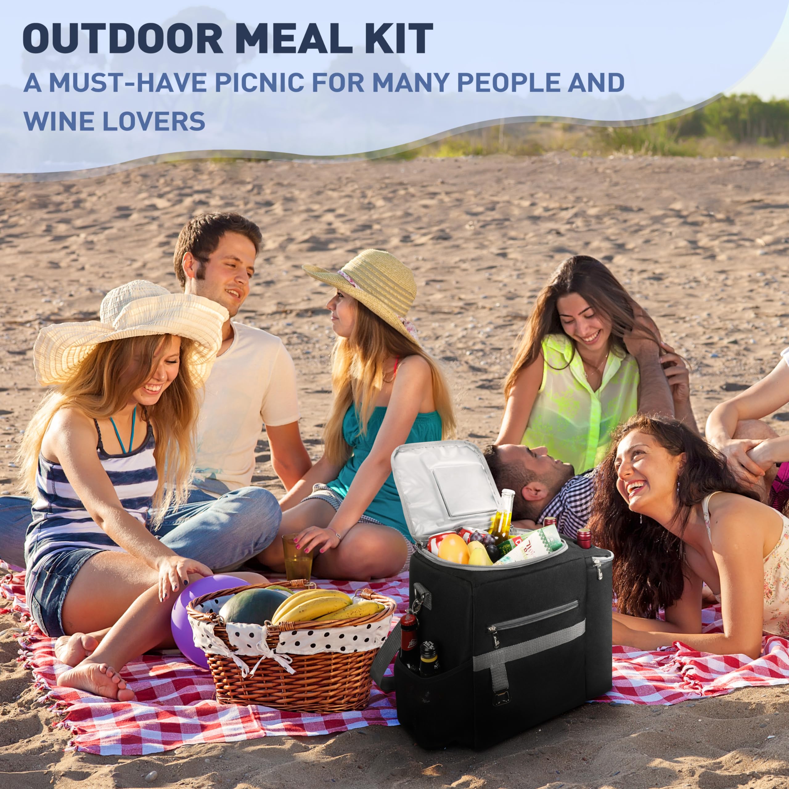 Gran Bolsa térmica de Picnic a Prueba de Fugas, Bolsa de Picnic aislada Bolsa de Comida para el Almuerzo con Correa de Hombro Ajustable para Picnic Camping Trabajo, Negro