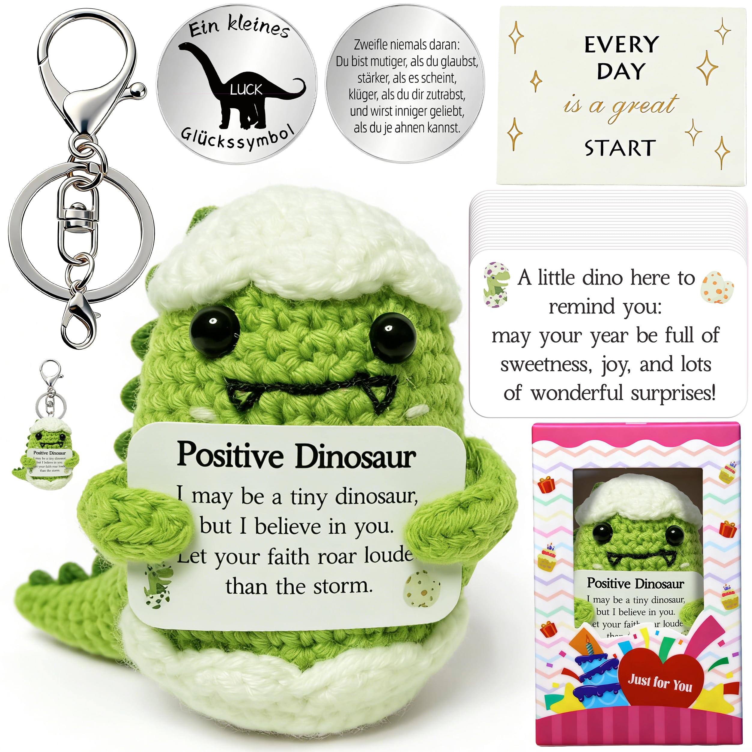 Pocket Hug Dino Kuscheltier mit Dino Schlüsselanhänger, Card and Glücksbringer Münze & 20 Positive Karten für Vatertag, Muttertag, Geburtstag & Valentinstag Geschenke für Frauen, Männer & Kinder