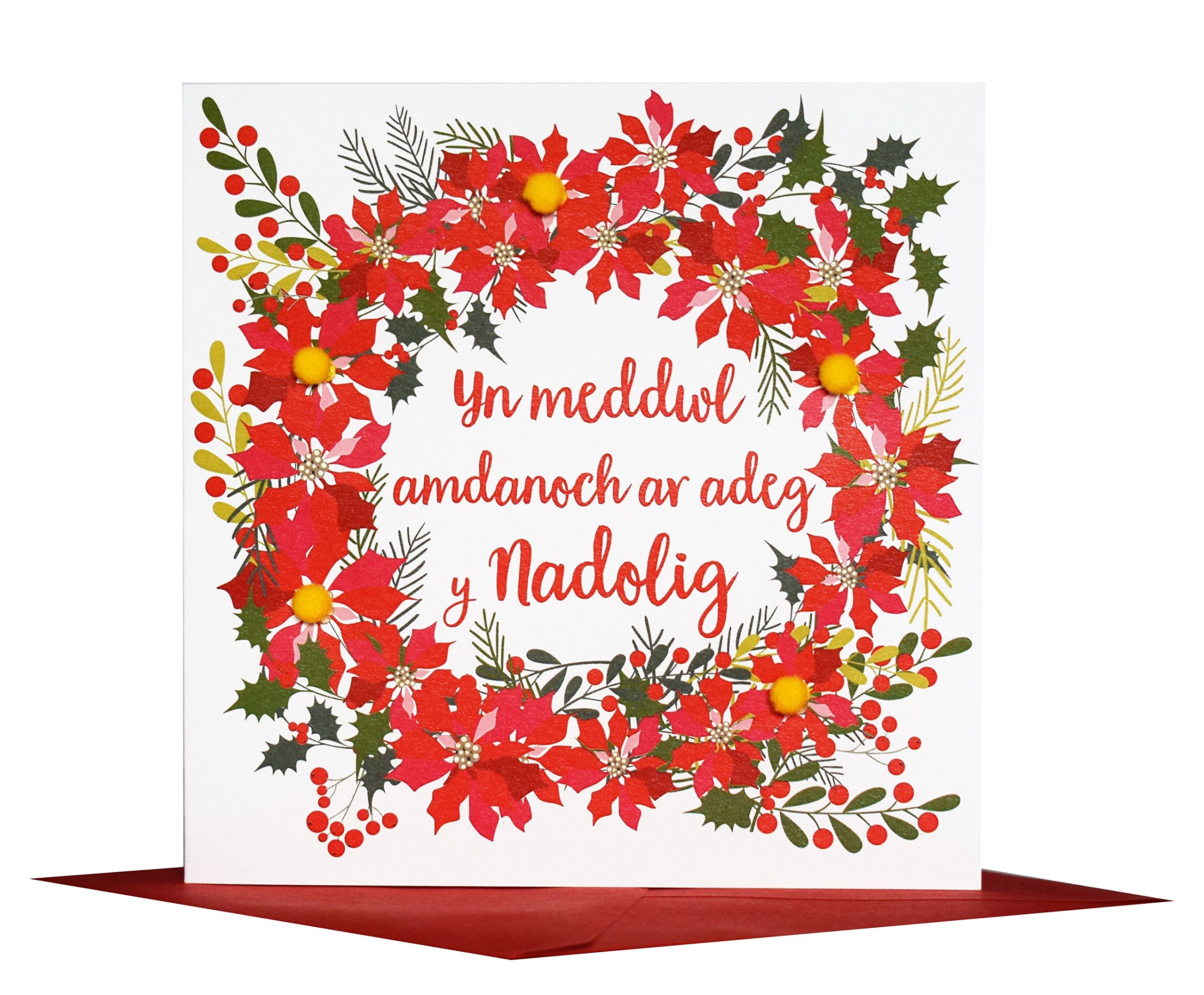 Claire Giles Greeting Cards, Welsh Happy Christmas Card, Nadolig Llawen, "Thinking of You", Embellished with Colourful Pompoms