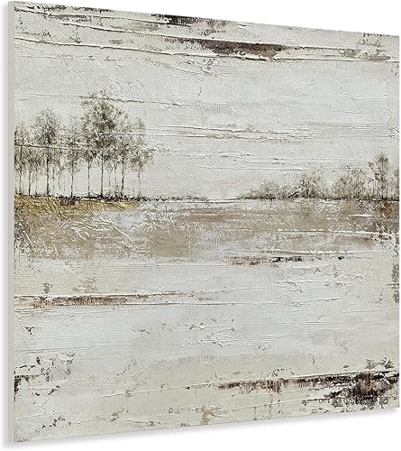 Yihui Arts Arte de pared de árbol rústico de granja, pintura de paisaje pintada a mano con detalles de lámina dorada y lienzo cuadrado texturizado,