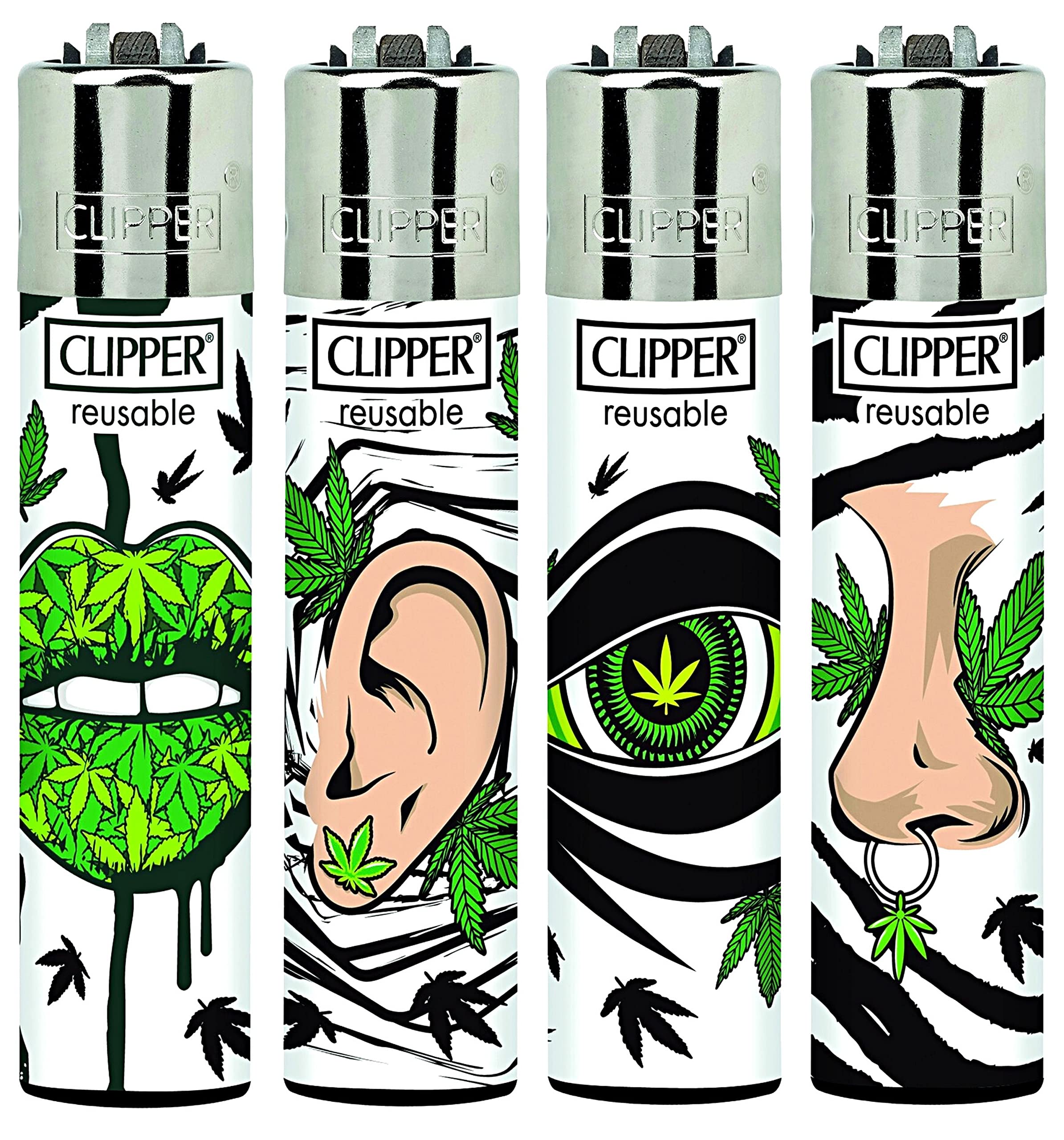 Zactly - Set of 4 Clipper Lighters, Various Assorted Designs, Regular Size Slogan Herb Leaf Weed Leaves Gas Refillable Flint Lighter (Leaves World 2)