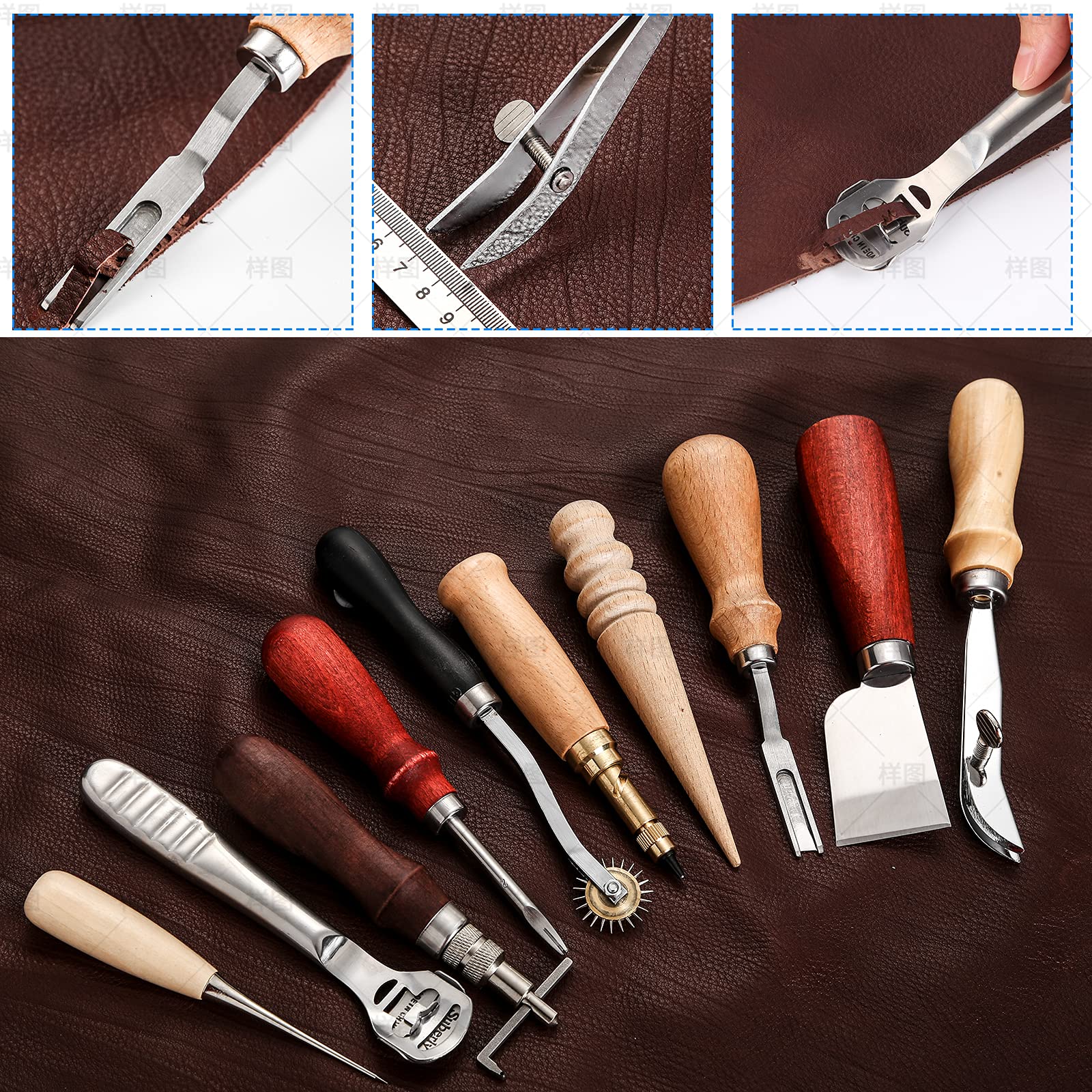 Kit di strumenti artigianali in pelle 18 pezzi, strumento fai-da-te in pelle per cucire a mano, set per timbrare e fare sella, cucire intaglio lavorando