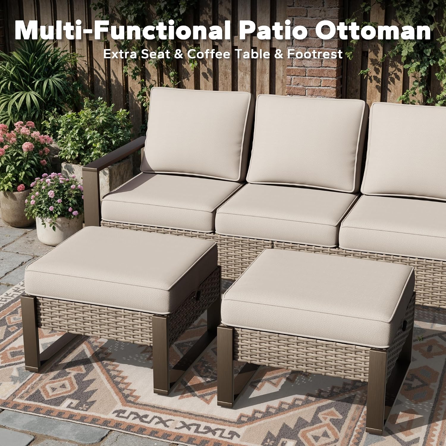 Outdoor Patio Swivel Rocker Chairs, 5 Pieces Wicker Furniture Set, 2 Swivel Rocking Chairs, 1 Sofa and 2 Ottoman, Metal Wide Armrest, Thick Cushions and Deep Seating for Garden, Backyard, Porch, Deck