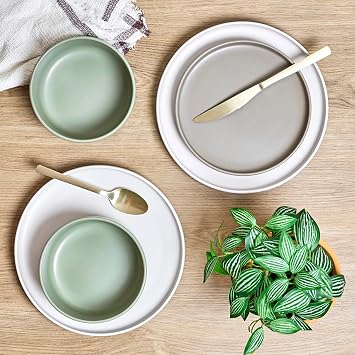 Sango 12-Piece Stoneware Dinnerware Set for 4, Satin Glazed Plates and Bowls Sets with Matte Finish, Ceramic Dish Set, Durable Kitchen Dishes, Microwave & Dishwasher Safe for Casual Dining, Rollo Alta
