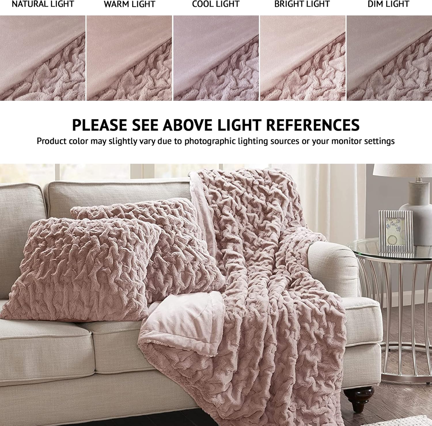 Comfort Spaces Ruched Faux Fur Plush Throw Blanket and Pillow Set with 2 Matching Square Pillow Covers Sofa Throw Blanket for Living Room, Chair, Couch, Home Office Luxurious Fuzzy Soft Blush 50"x 60" - Image 10