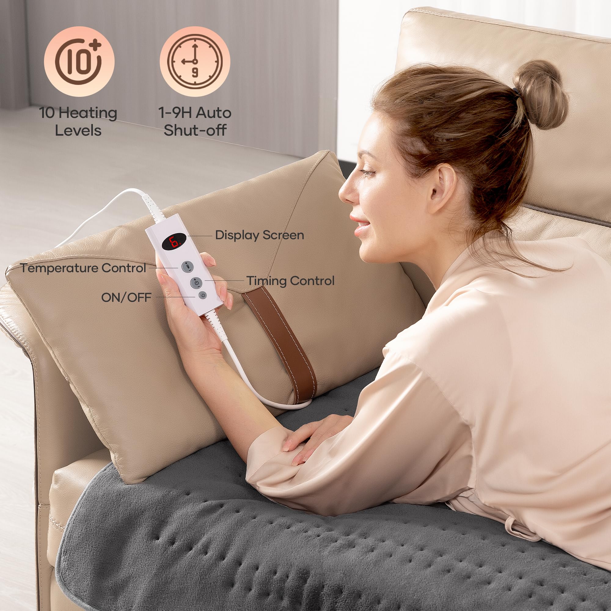 Elektrisches Wärmeunterbett 150 x 80 cm Grey mit 10 Temperaturstufen, Abschaltautomatik & Überhitzungsschutz, Einfache Fixierung auf Bett und Matratze (Korallenvlies)