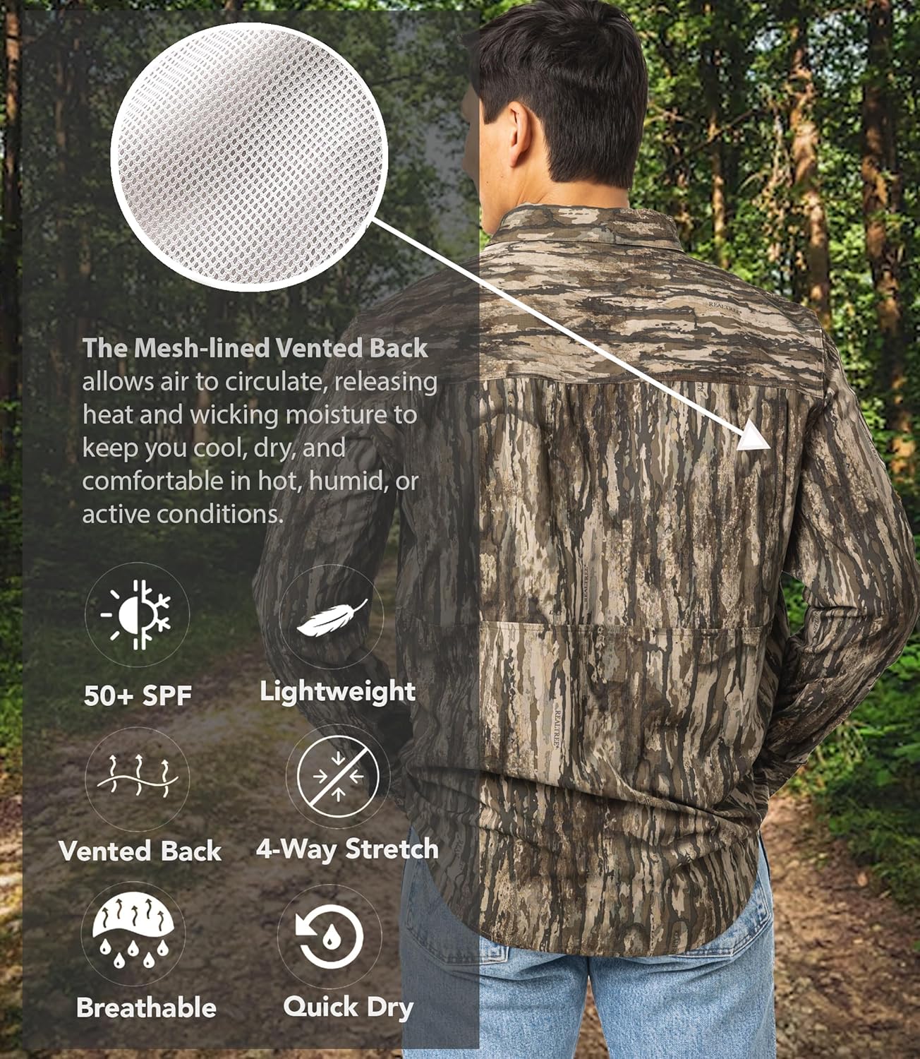 Realtree Men’s Long Sleeve Camo Hunting Shirt - Lightweight Breathable Button Down with UPF 50+ Sun Protection