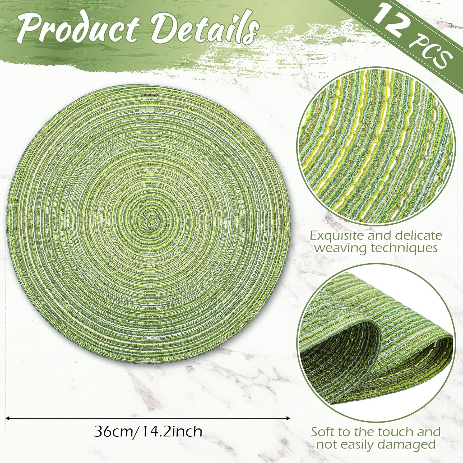 Mindsoft 12 Pcs Round Placemats 14.2 Inch Woven Braided Placemats Washable Reversible Circle Polyester Table Mats for Dinner Holiday Spring Party Wedding Table Centerpiece (Sage Green)
