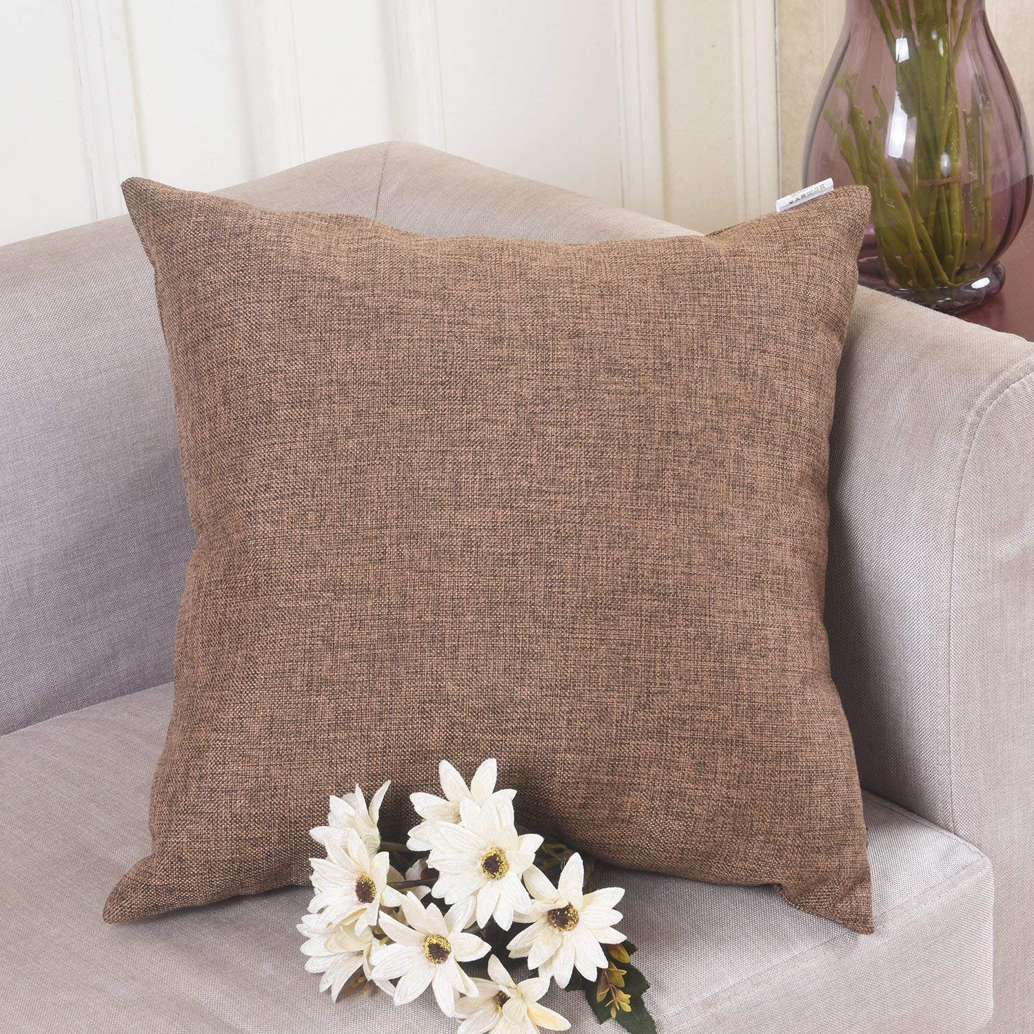 Khooti Decorative Poly Jute Square Cushion Cover Throw Pillow Cover for Living Room Couch Diwan Sofa, Modern 24 x 24 Inches / 61 x 61 cm (Color - Brown)(Set of 1 piece)