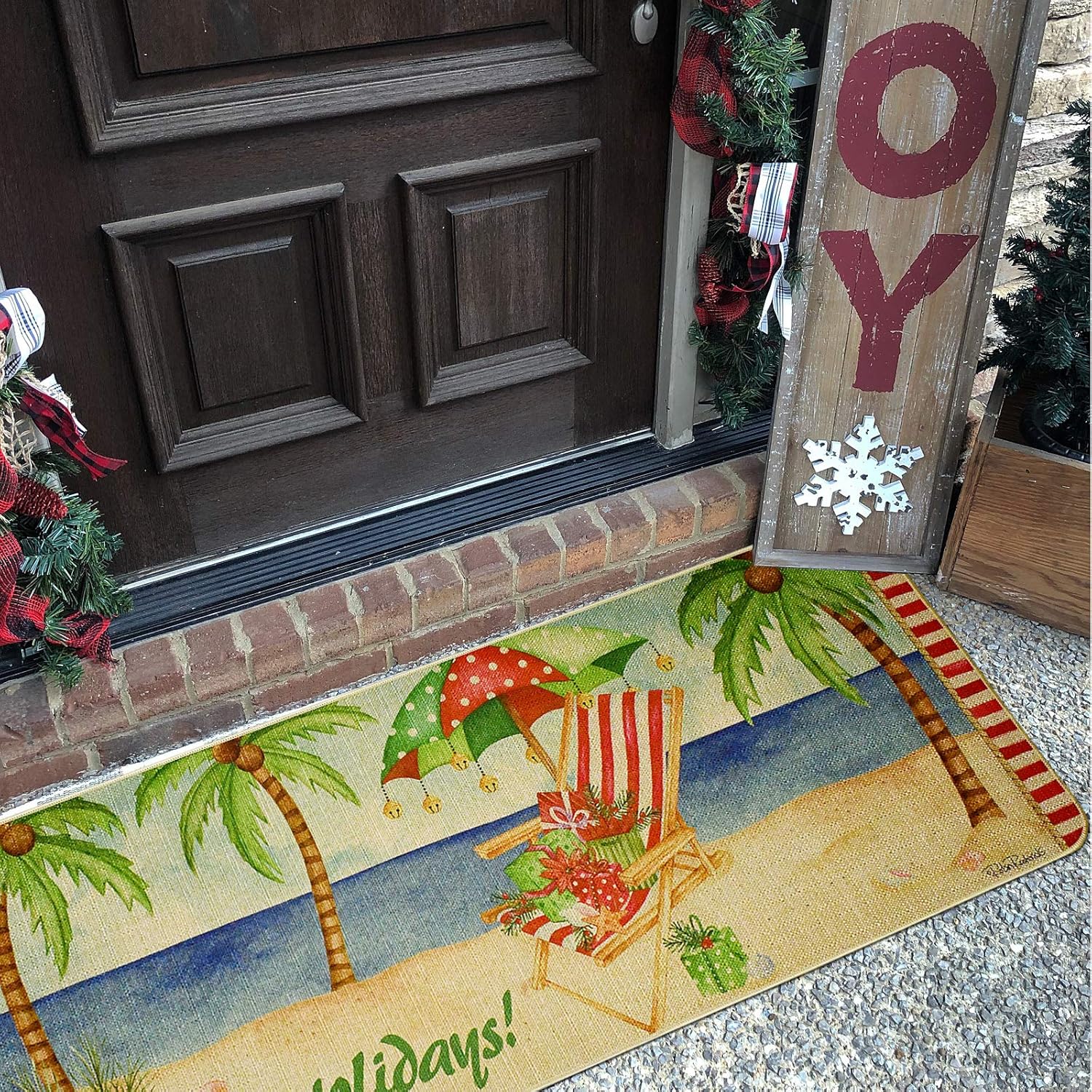 E-view Christmas Mat Decorative Holiday Rugs Runner Indoor Outdoor Rubber Back Front Door Welcome Mats Winter Ocean Themed Doormats for Porch Entrance Entryway (Happy Holiday A)